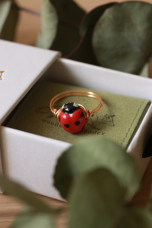 Ladybug ring - gold plated stainless steel wire ring