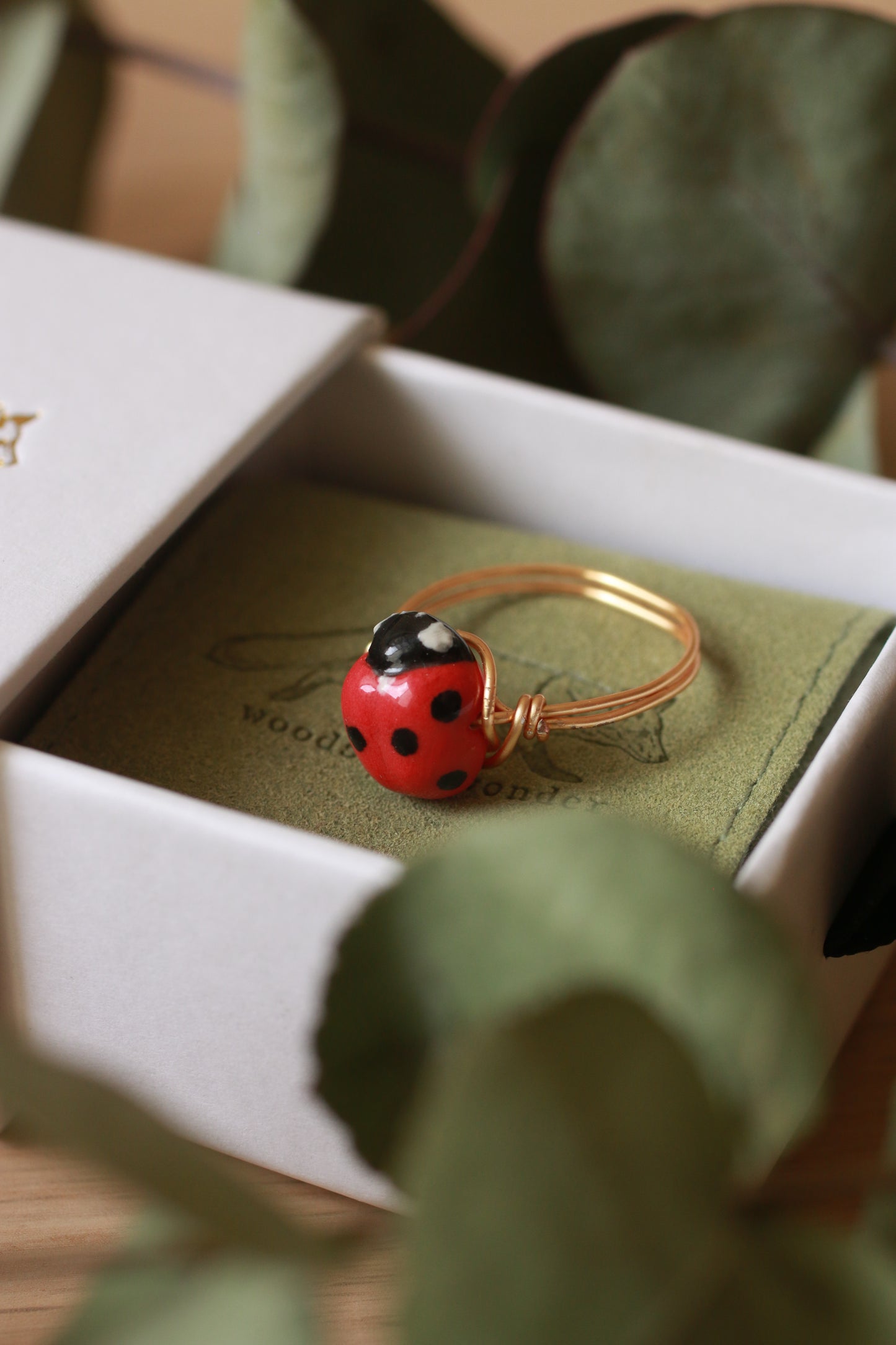 Ladybug ring - gold plated stainless steel wire ring