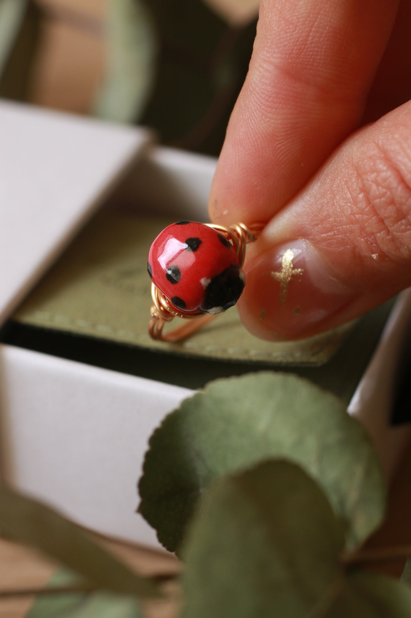 Ladybug ring - gold plated stainless steel wire ring