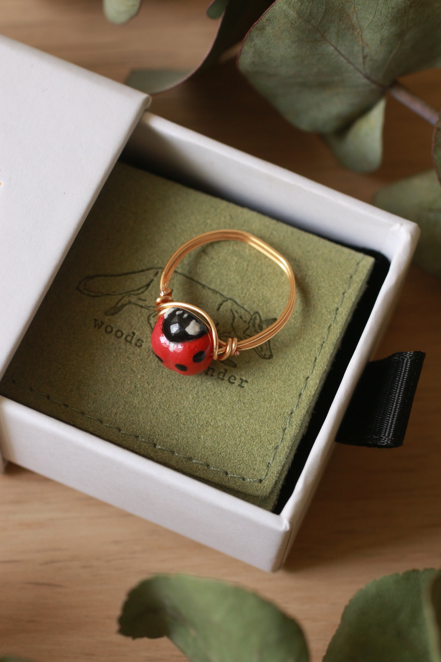 Ladybug ring - gold plated stainless steel wire ring