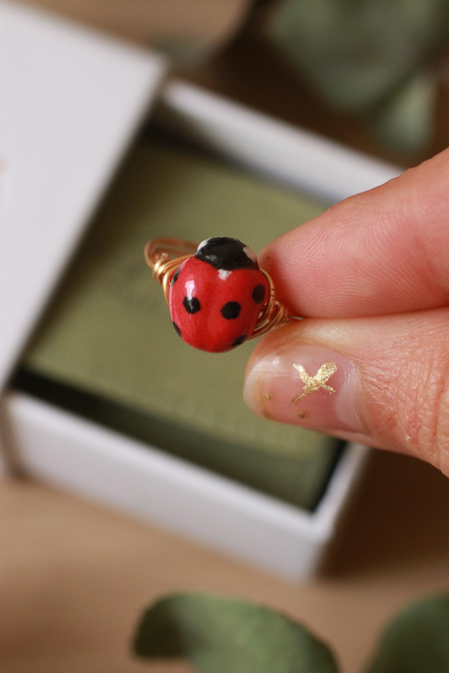 Ladybug ring - gold plated stainless steel wire ring