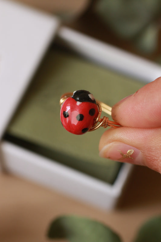 Ladybug ring - gold plated stainless steel wire ring