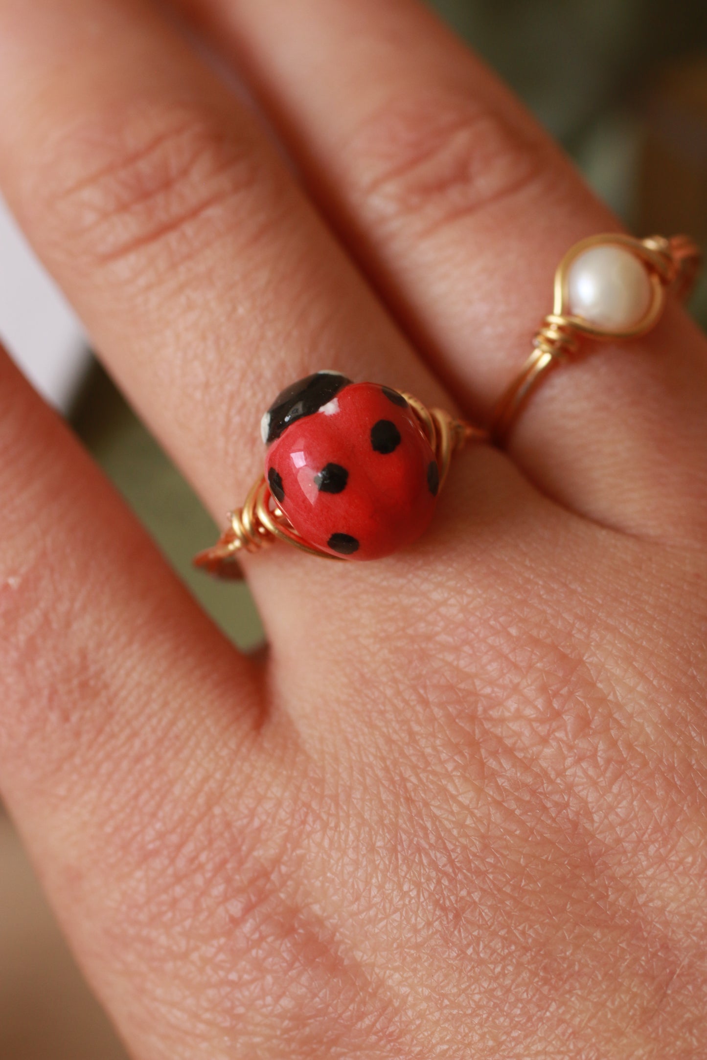 Ladybug ring - gold plated stainless steel wire ring