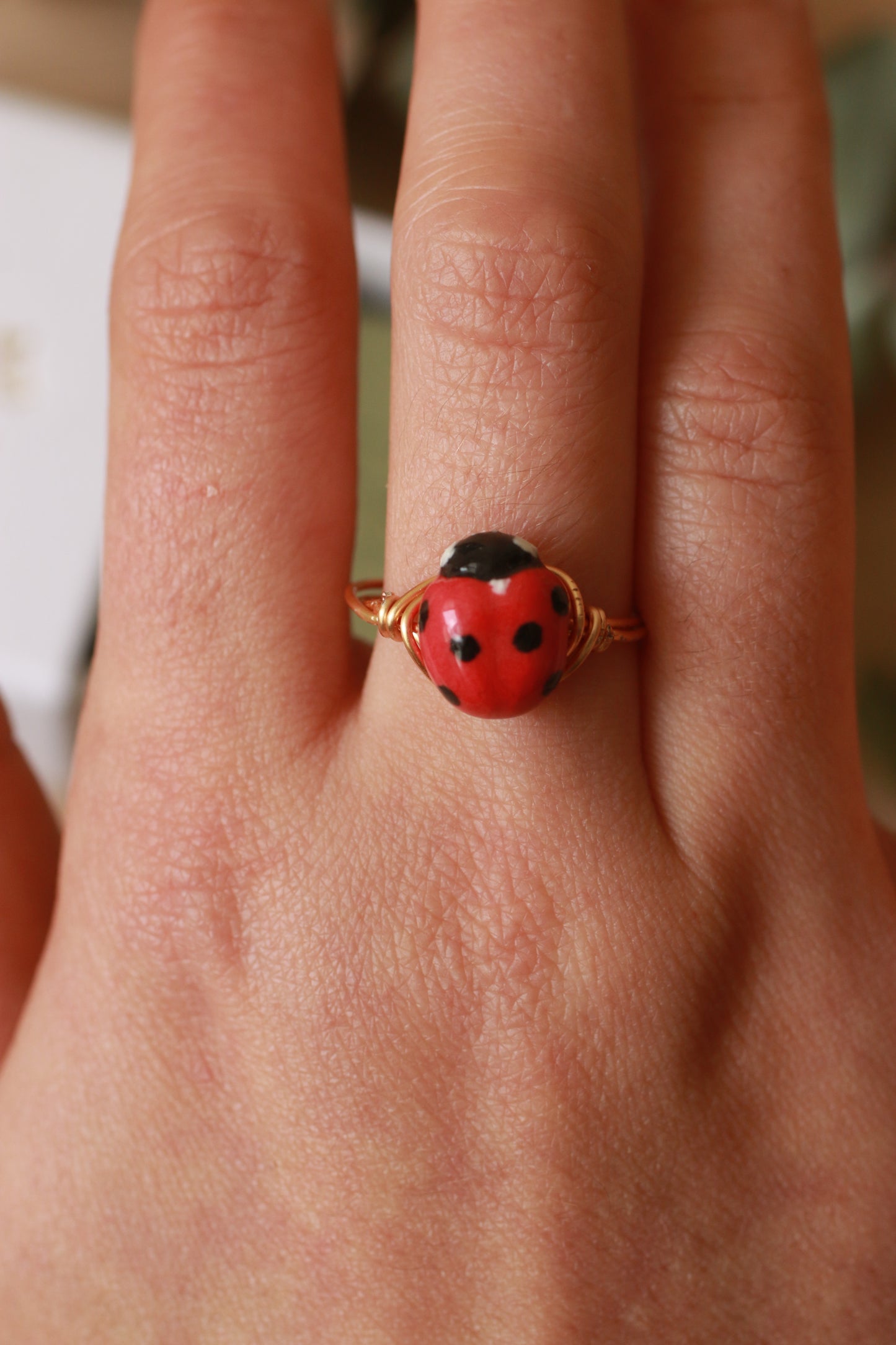 Ladybug ring - gold plated stainless steel wire ring