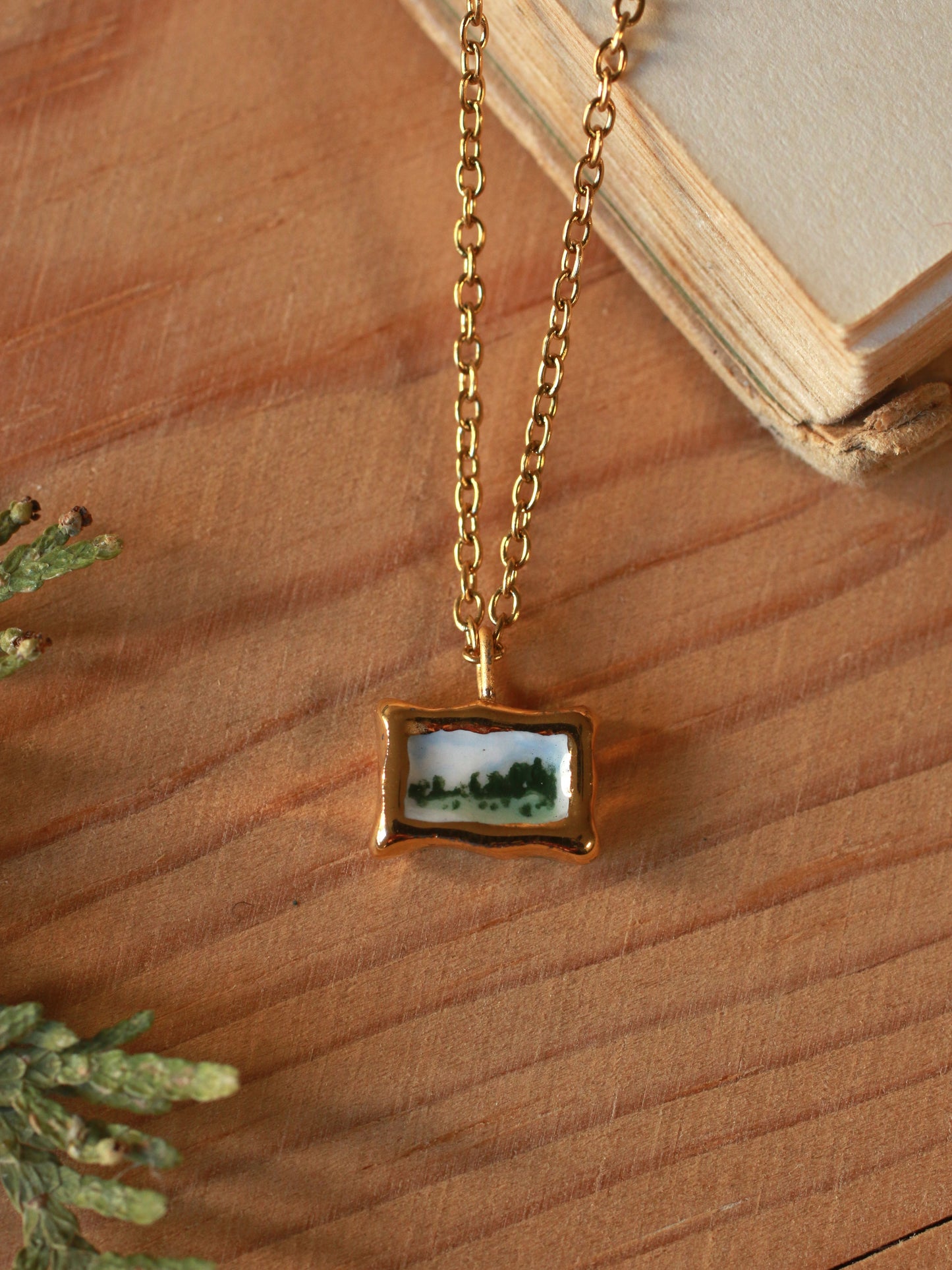 Tiny landscape painting necklace
