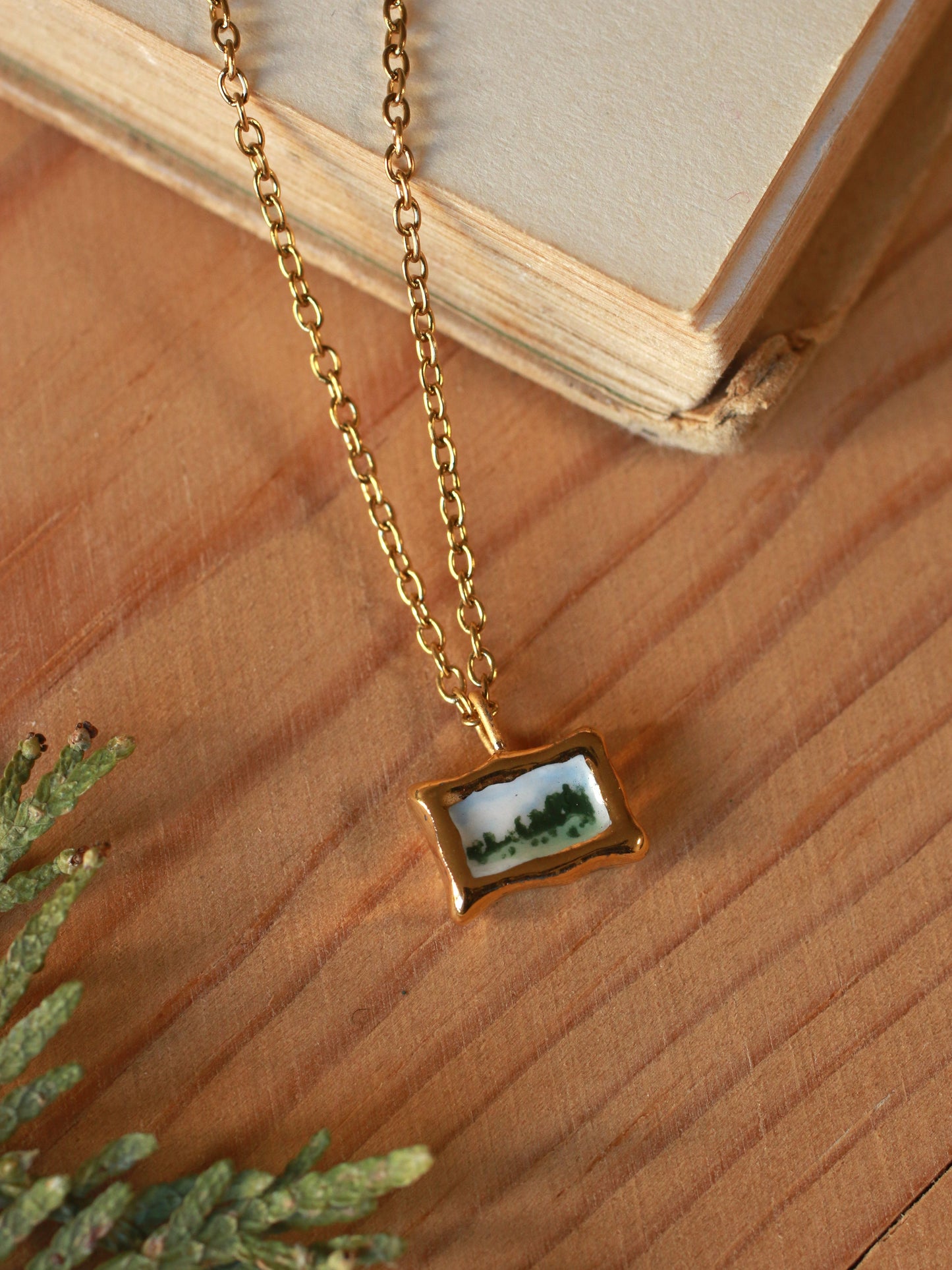 Tiny landscape painting necklace