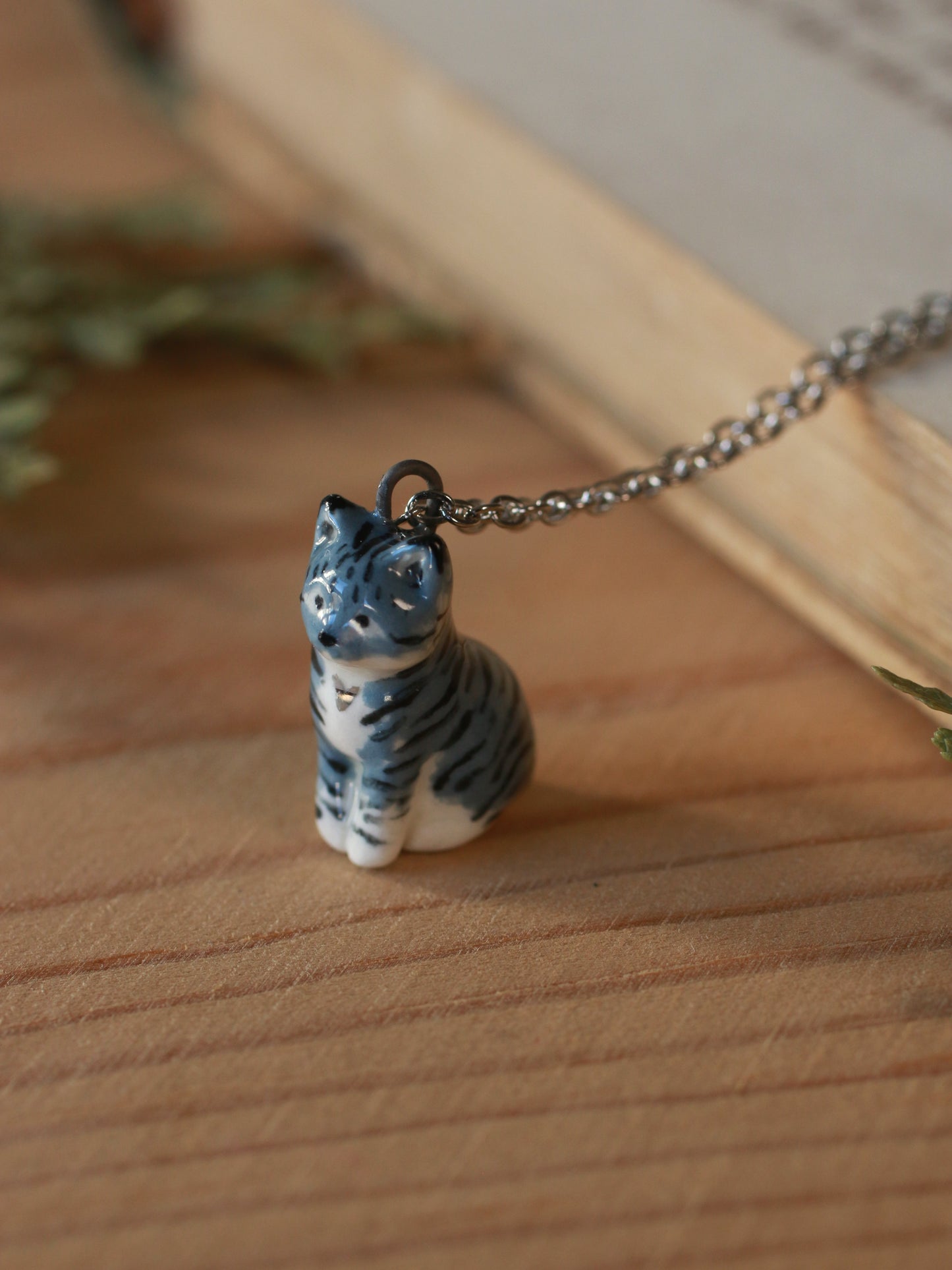Grey tabby cat necklace