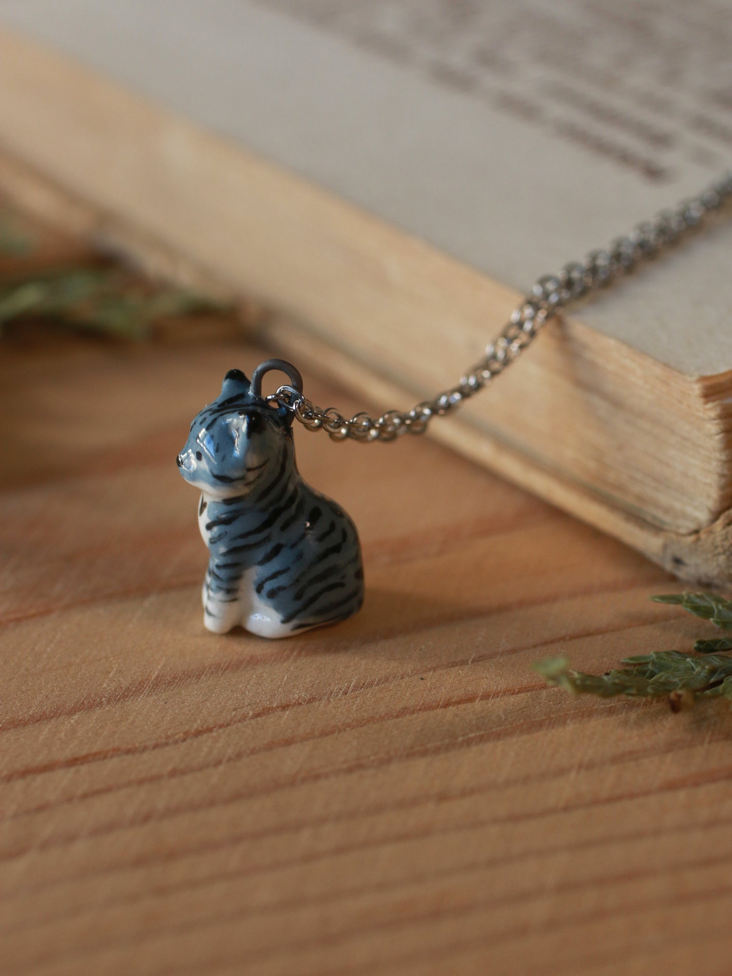 Grey tabby cat necklace