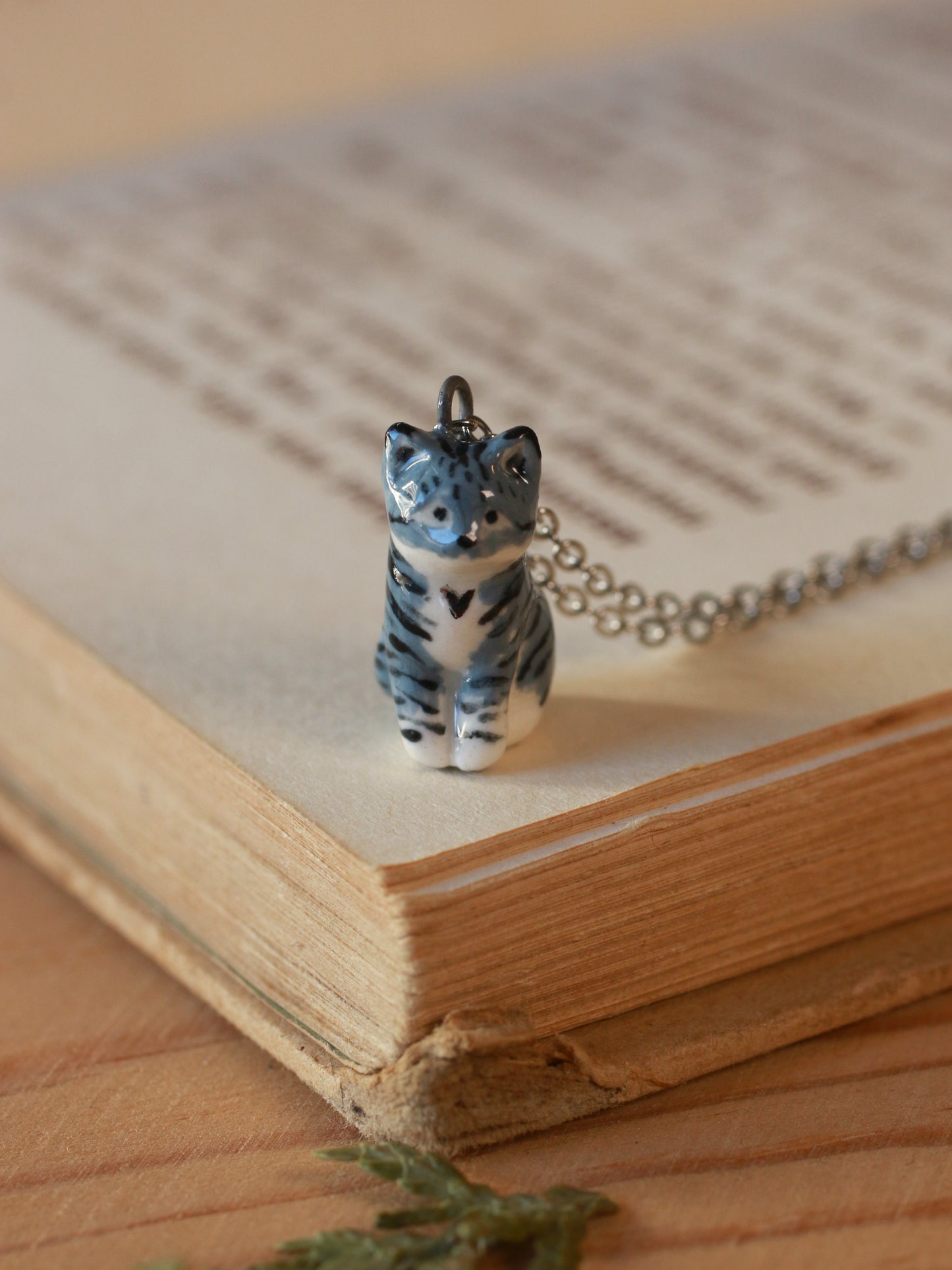 Grey tabby cat necklace