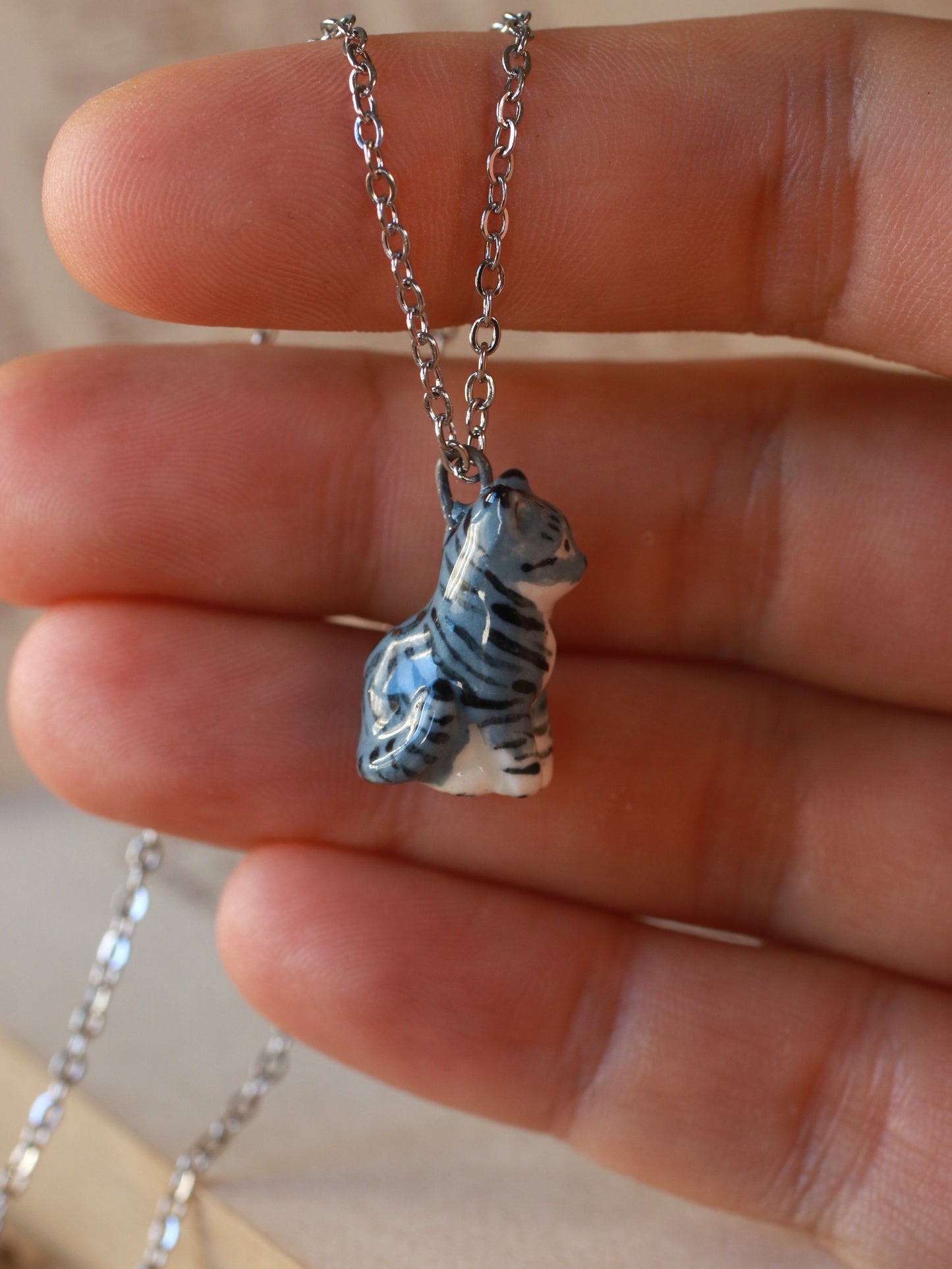 Grey tabby cat necklace