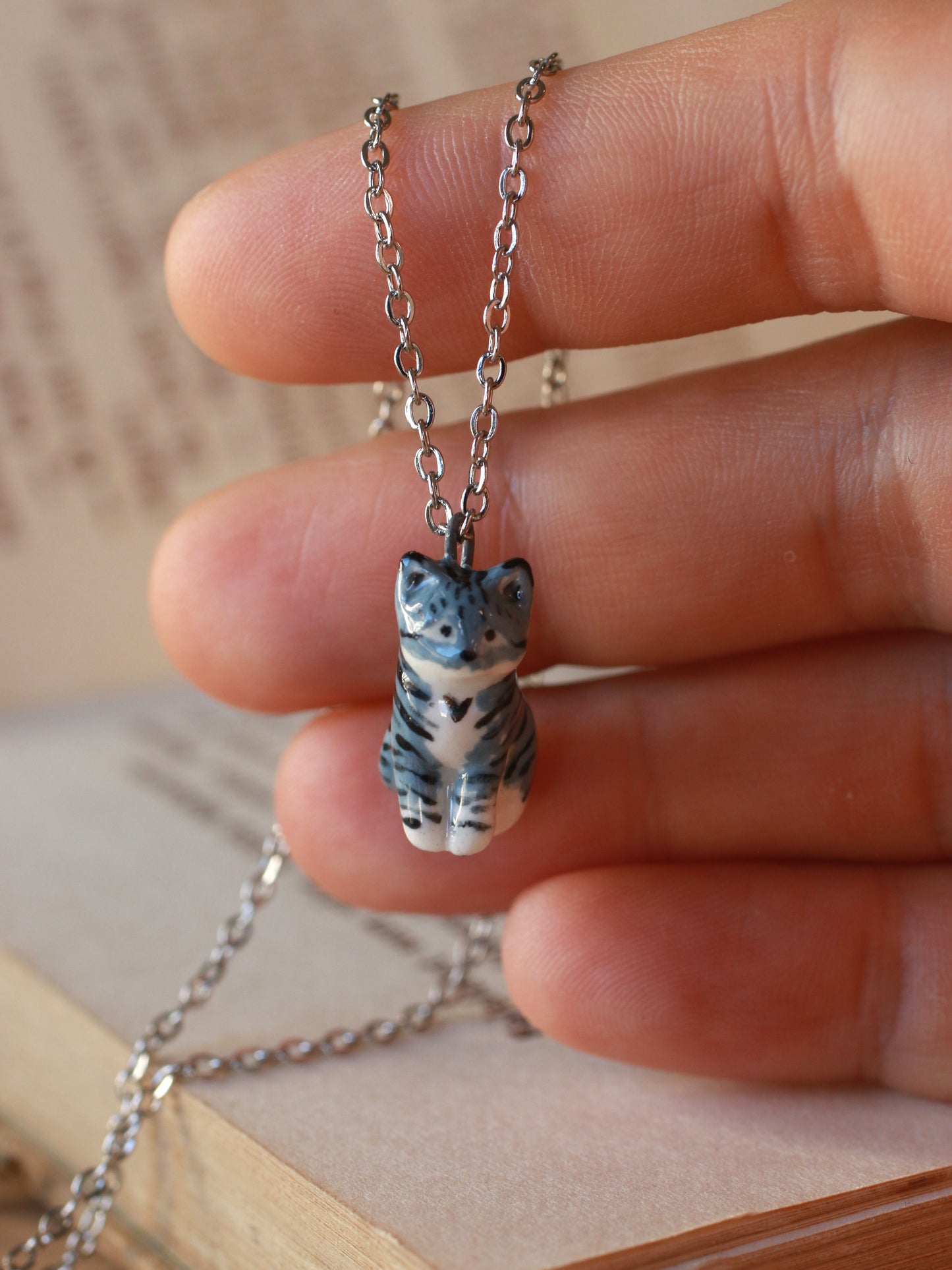Grey tabby cat necklace