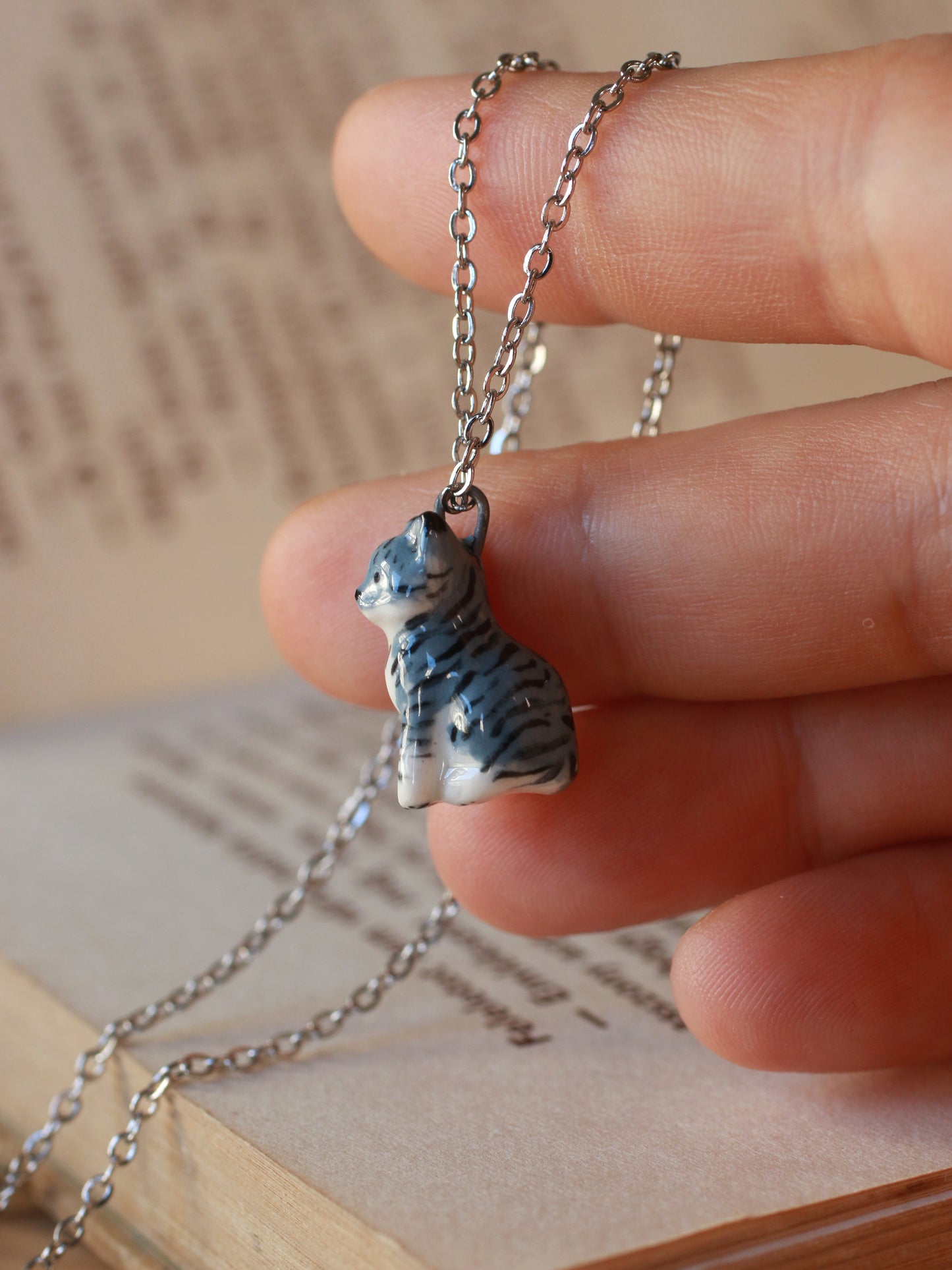 Grey tabby cat necklace