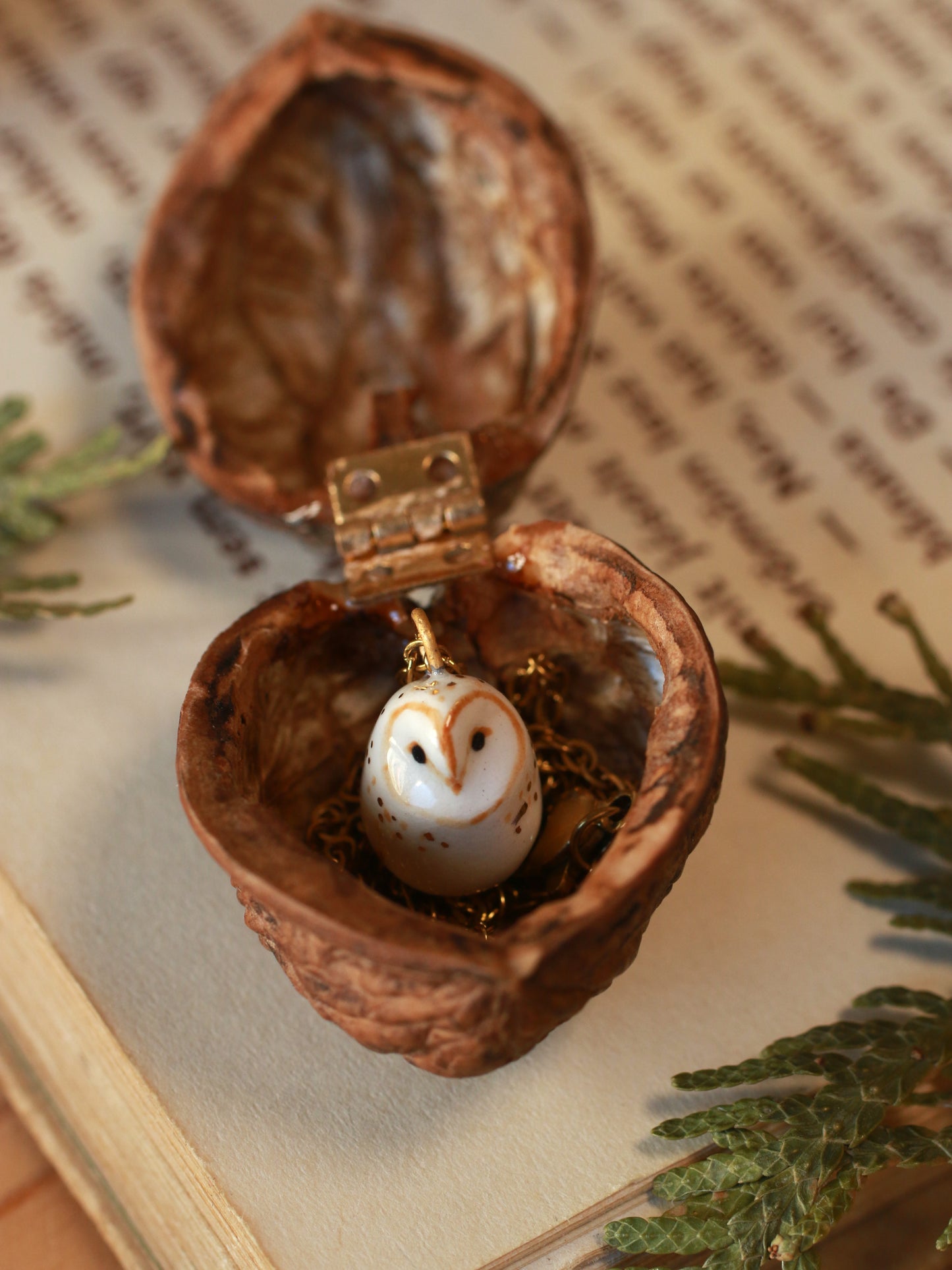 Baby owl necklace - in a nutshell box