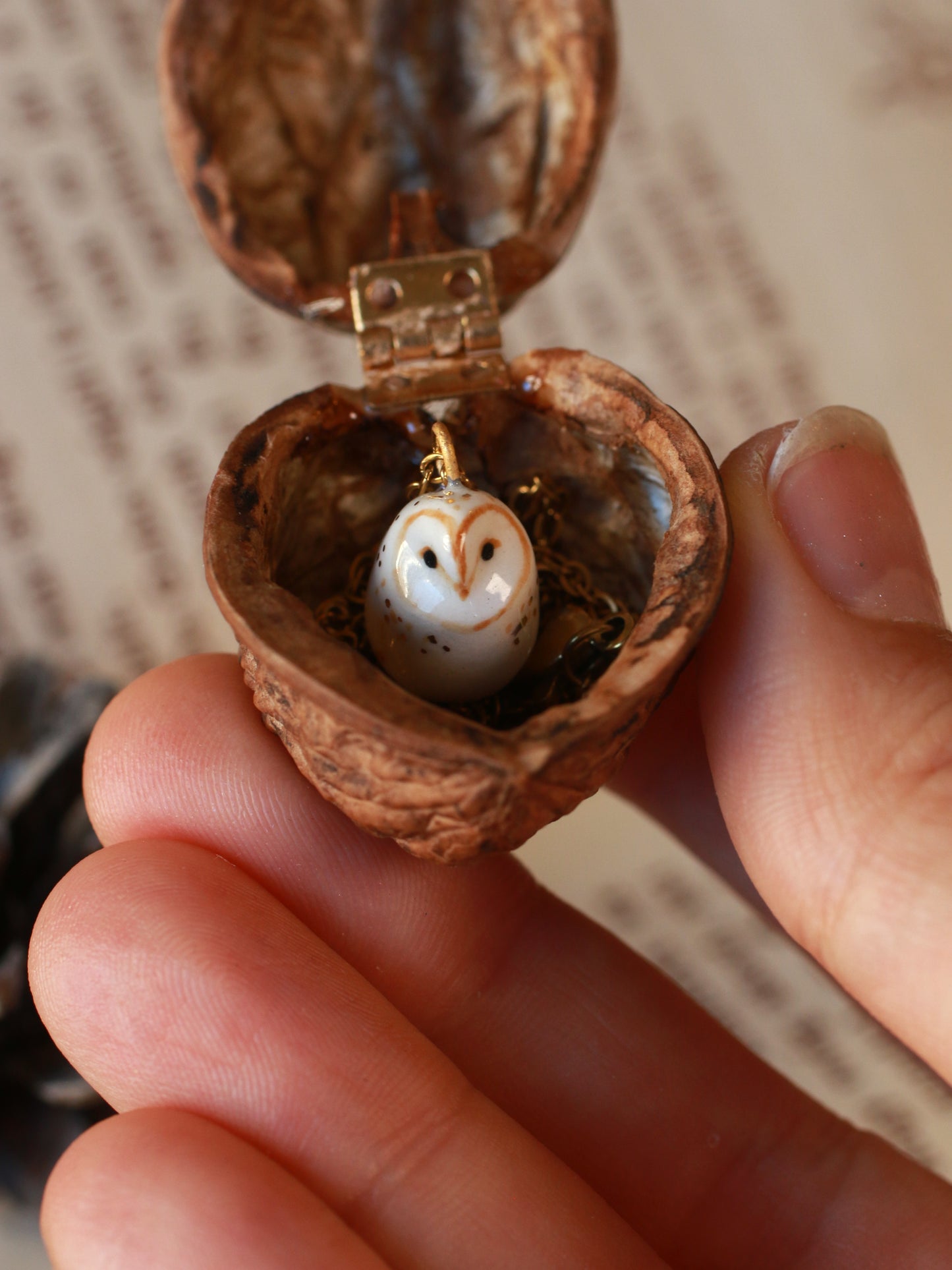 Baby owl necklace - in a nutshell box