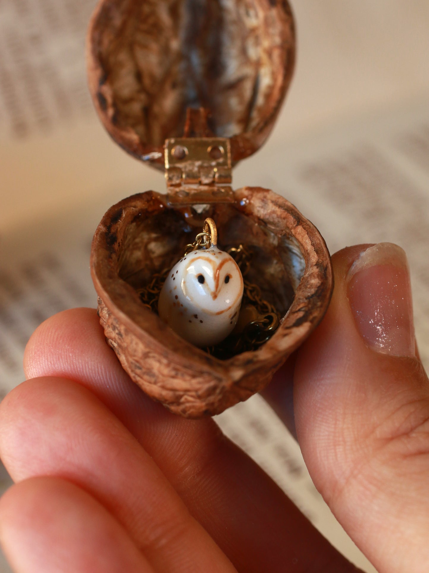 Baby owl necklace - in a nutshell box