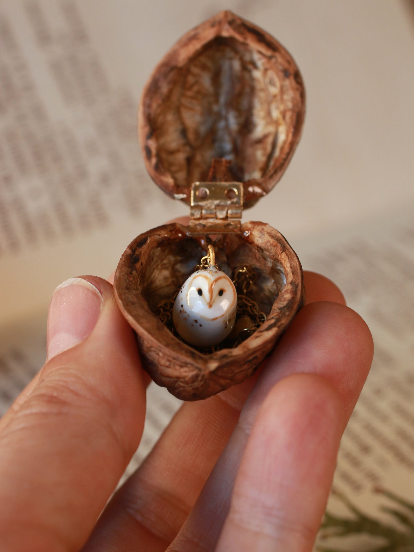 Baby owl necklace - in a nutshell box