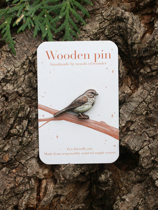 Song sparrow pin - wooden bird brooch