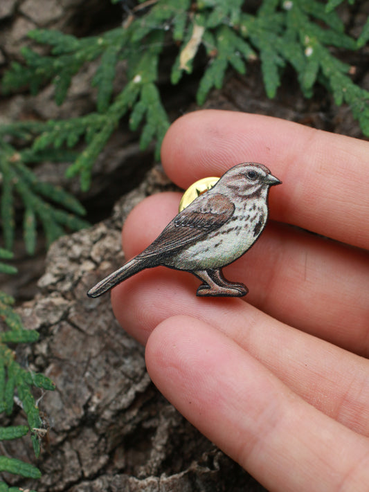 Song sparrow pin - wooden bird brooch