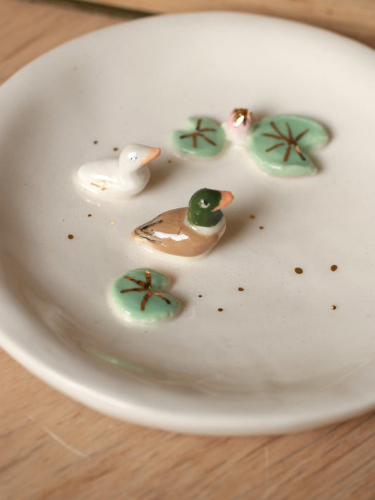 Duck family in the pond Ring Dish - Porcelain jewelry dish