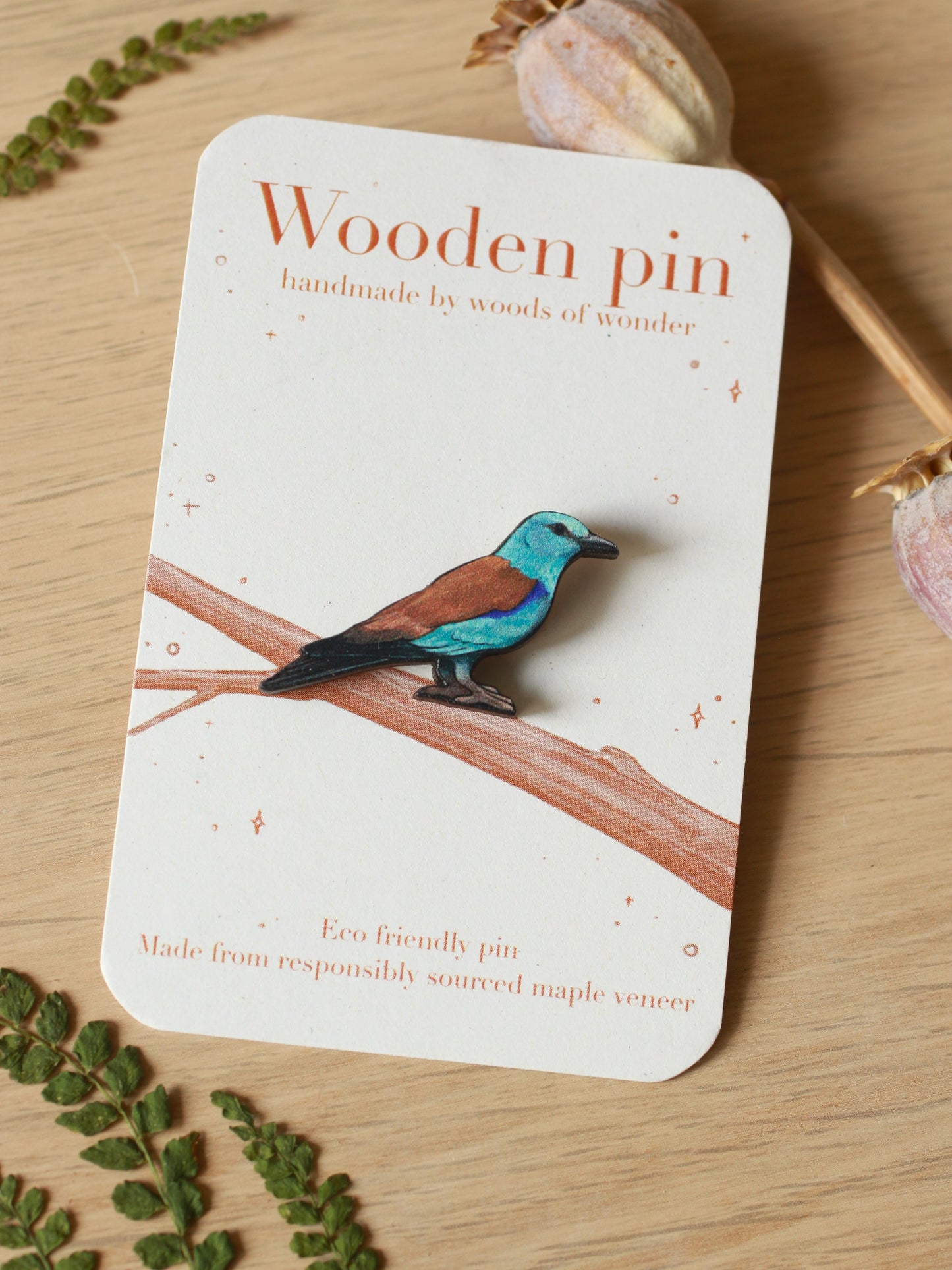 European roller pin - wooden bird brooch