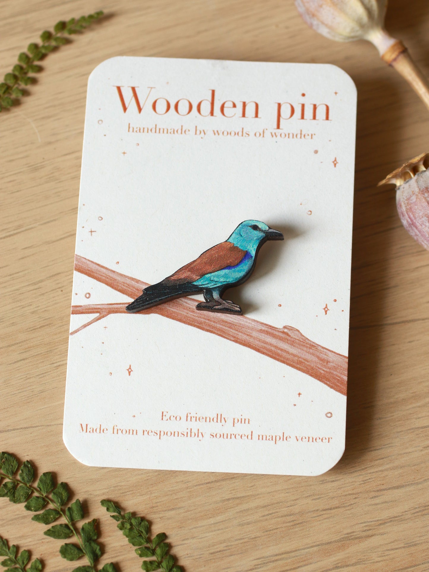 European roller pin - wooden bird brooch