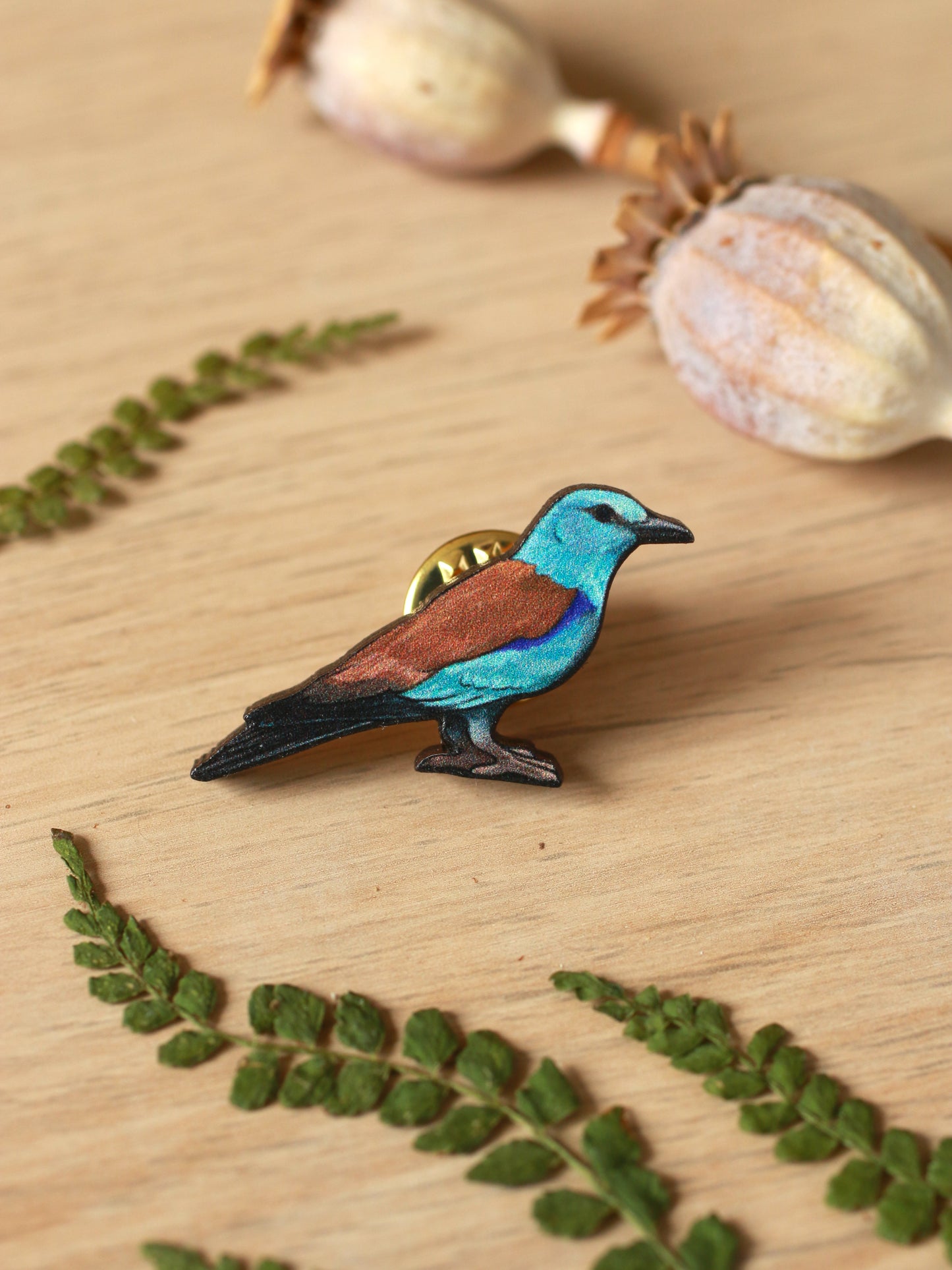 European roller pin - wooden bird brooch