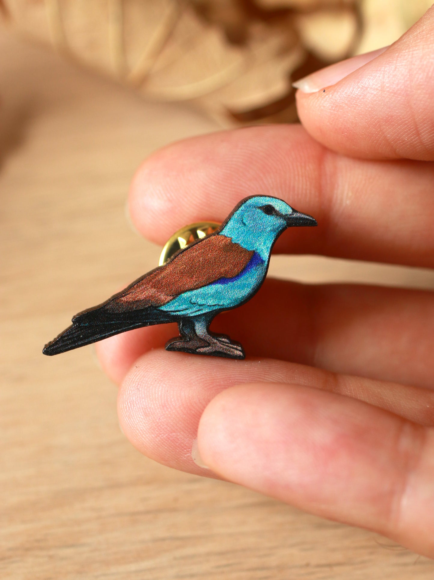 European roller pin - wooden bird brooch