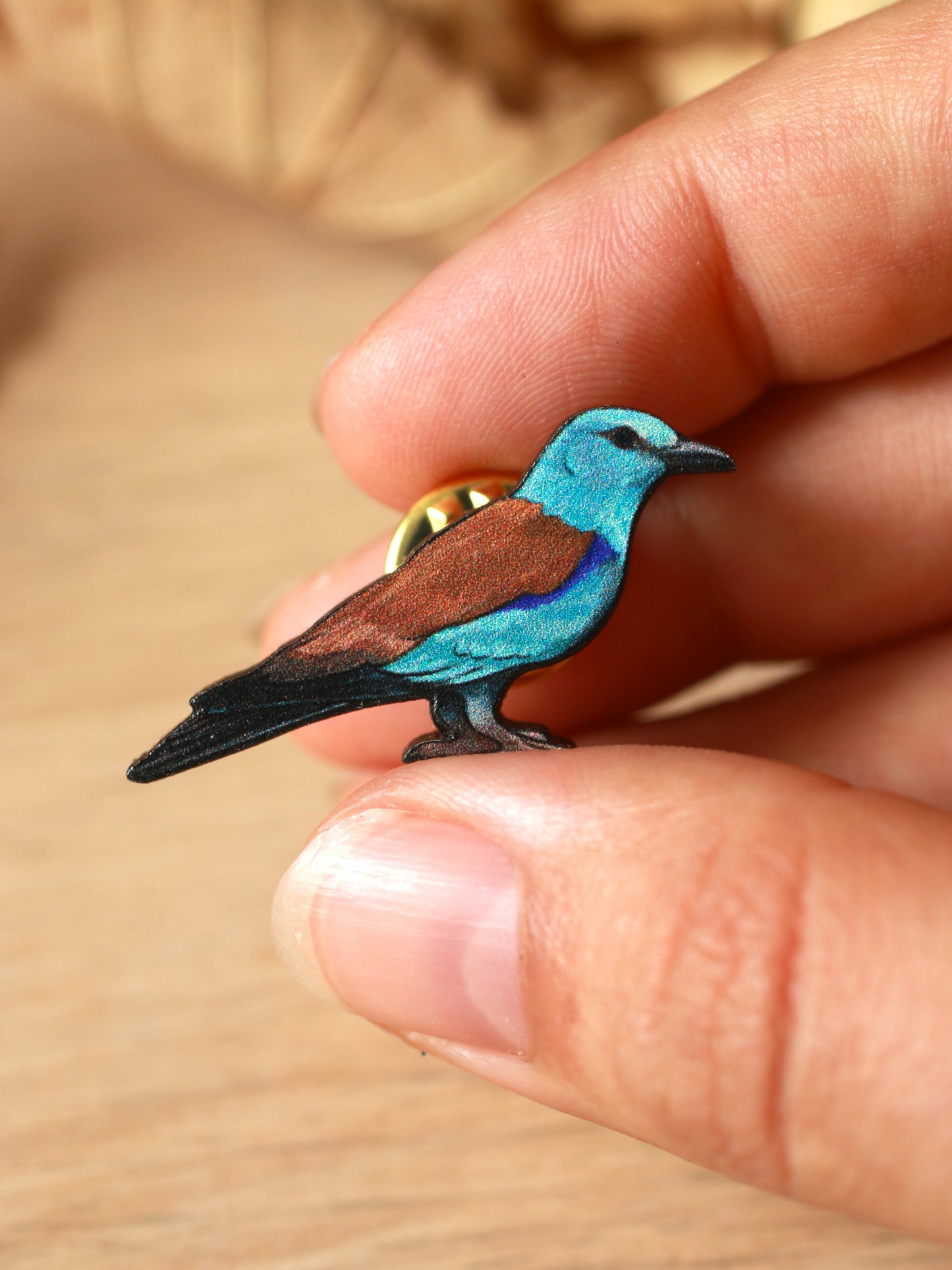 European roller pin - wooden bird brooch