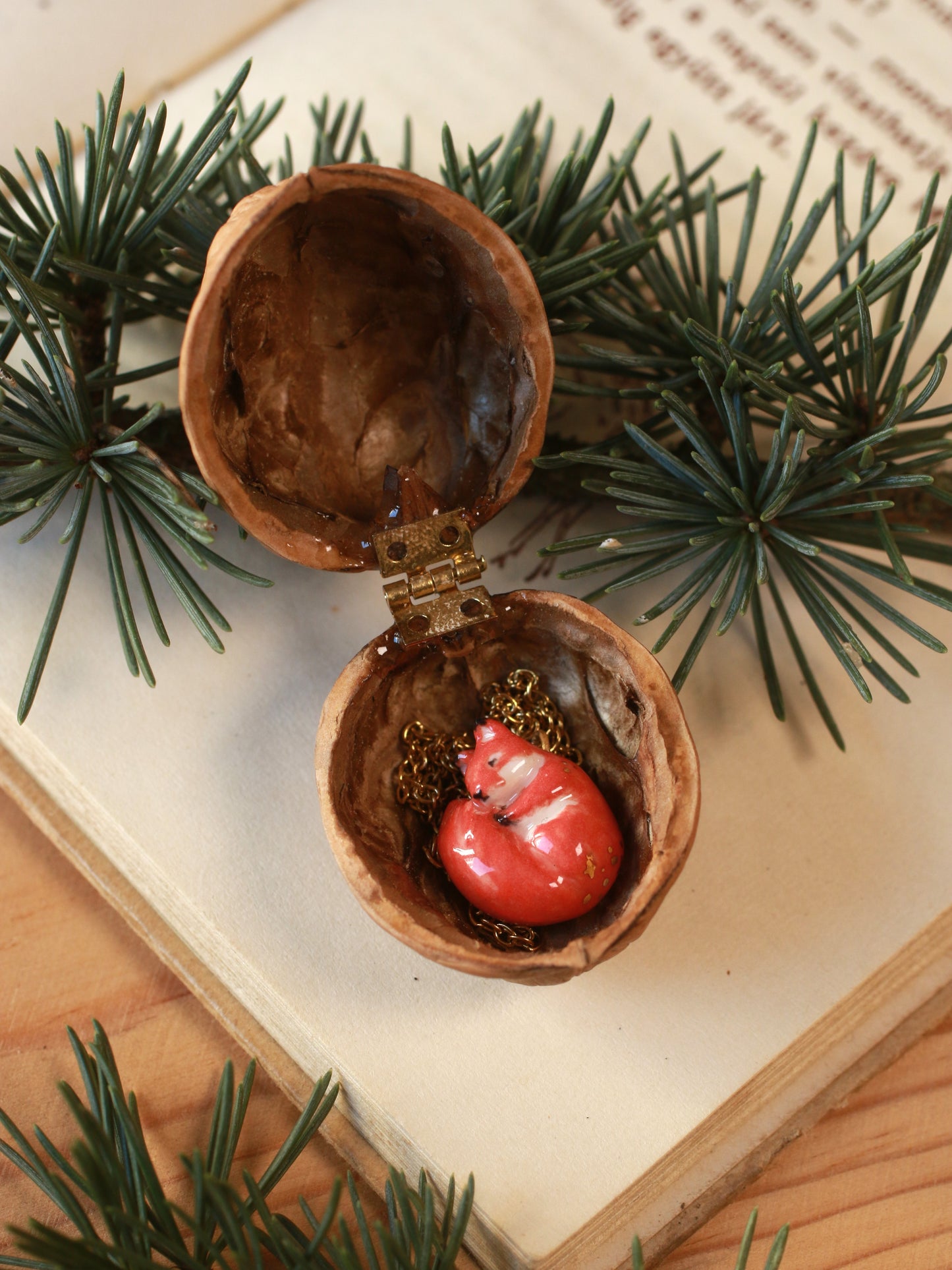 Sleeping squirrel necklace in a walnut box