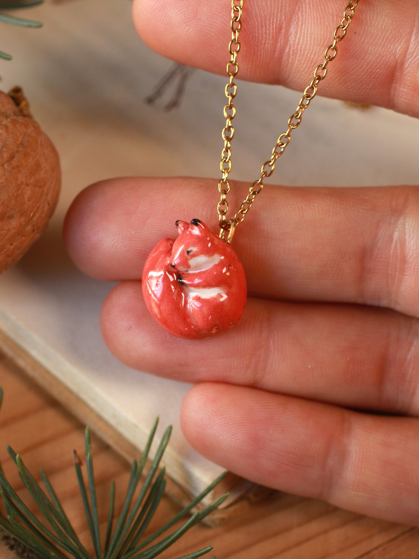 Sleeping squirrel necklace in a walnut box