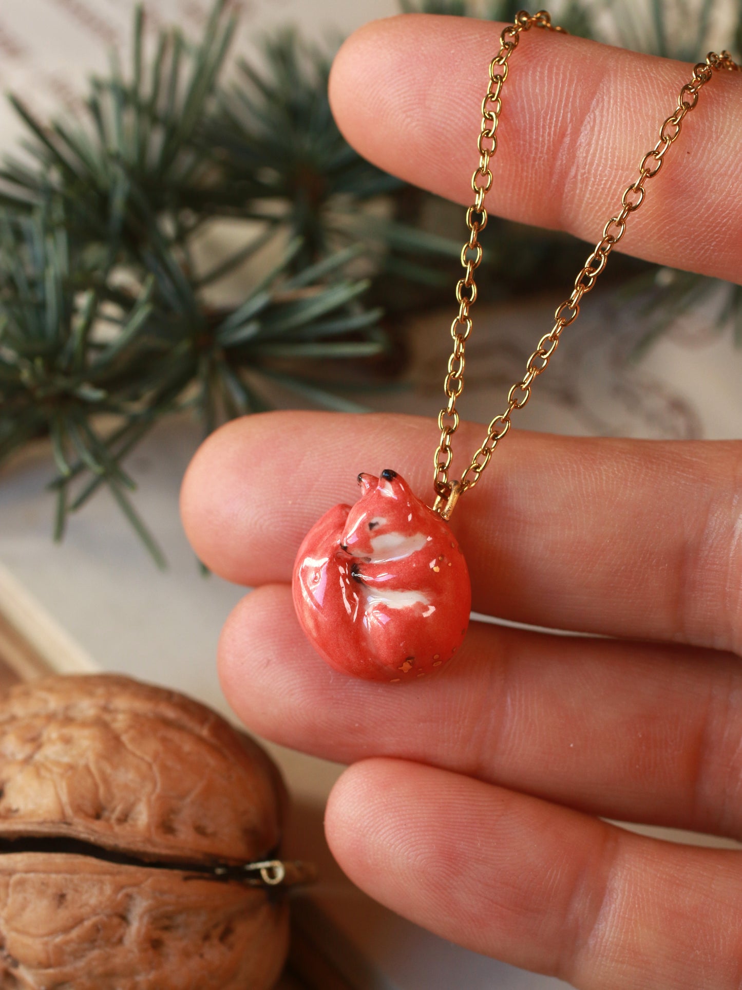 Sleeping squirrel necklace in a walnut box