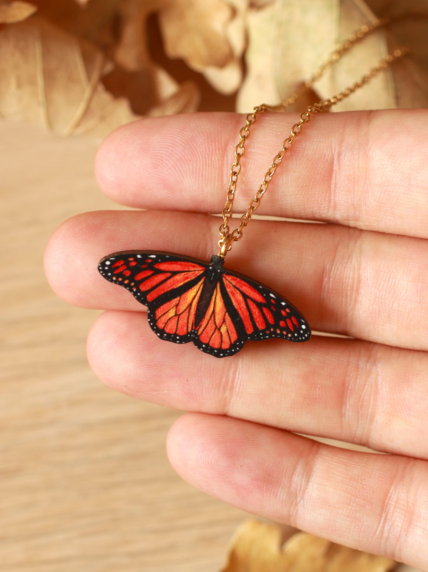 Monarch butterfly - wooden necklace