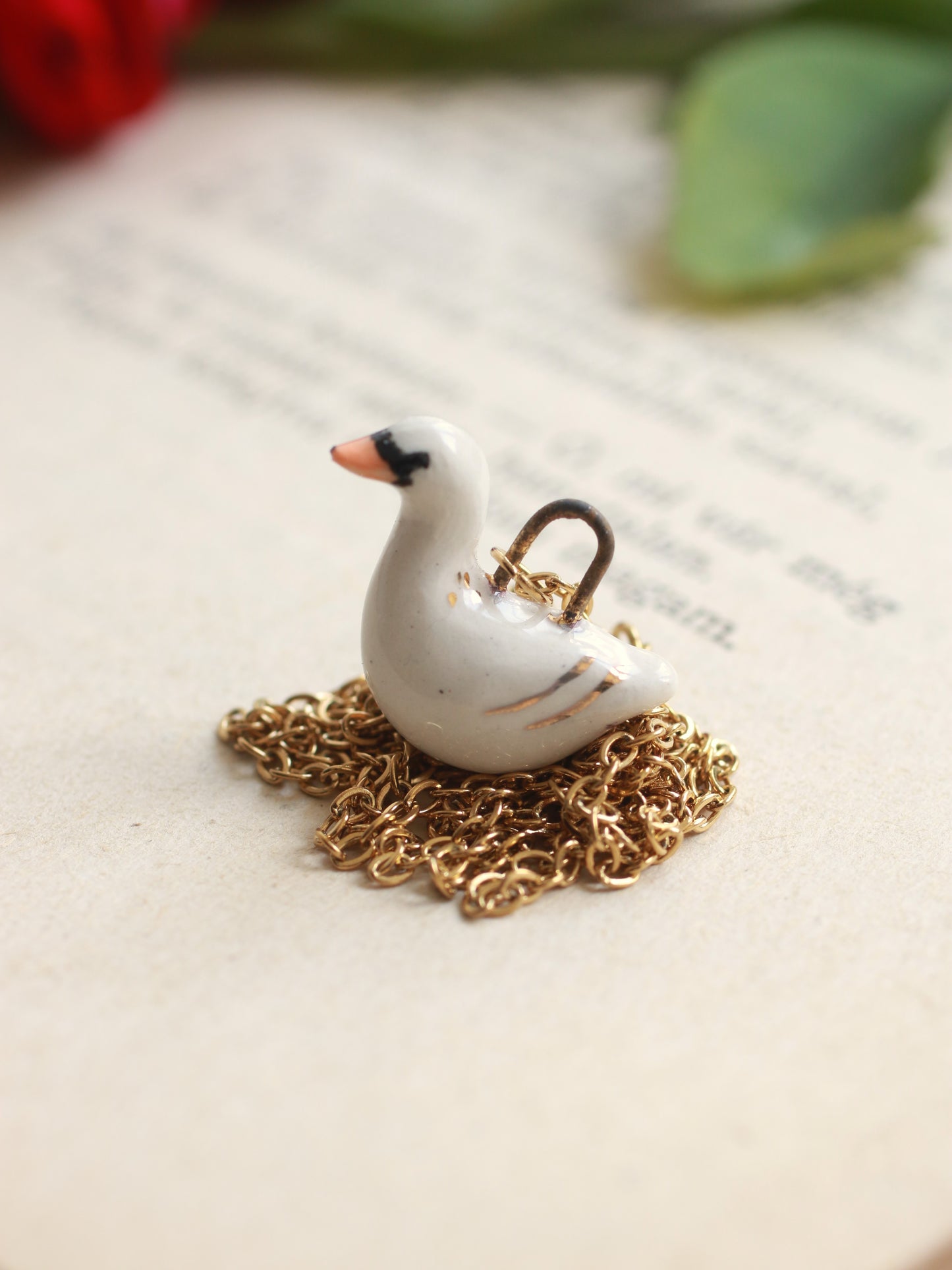 Ceramic Swan necklace - 22k gold details