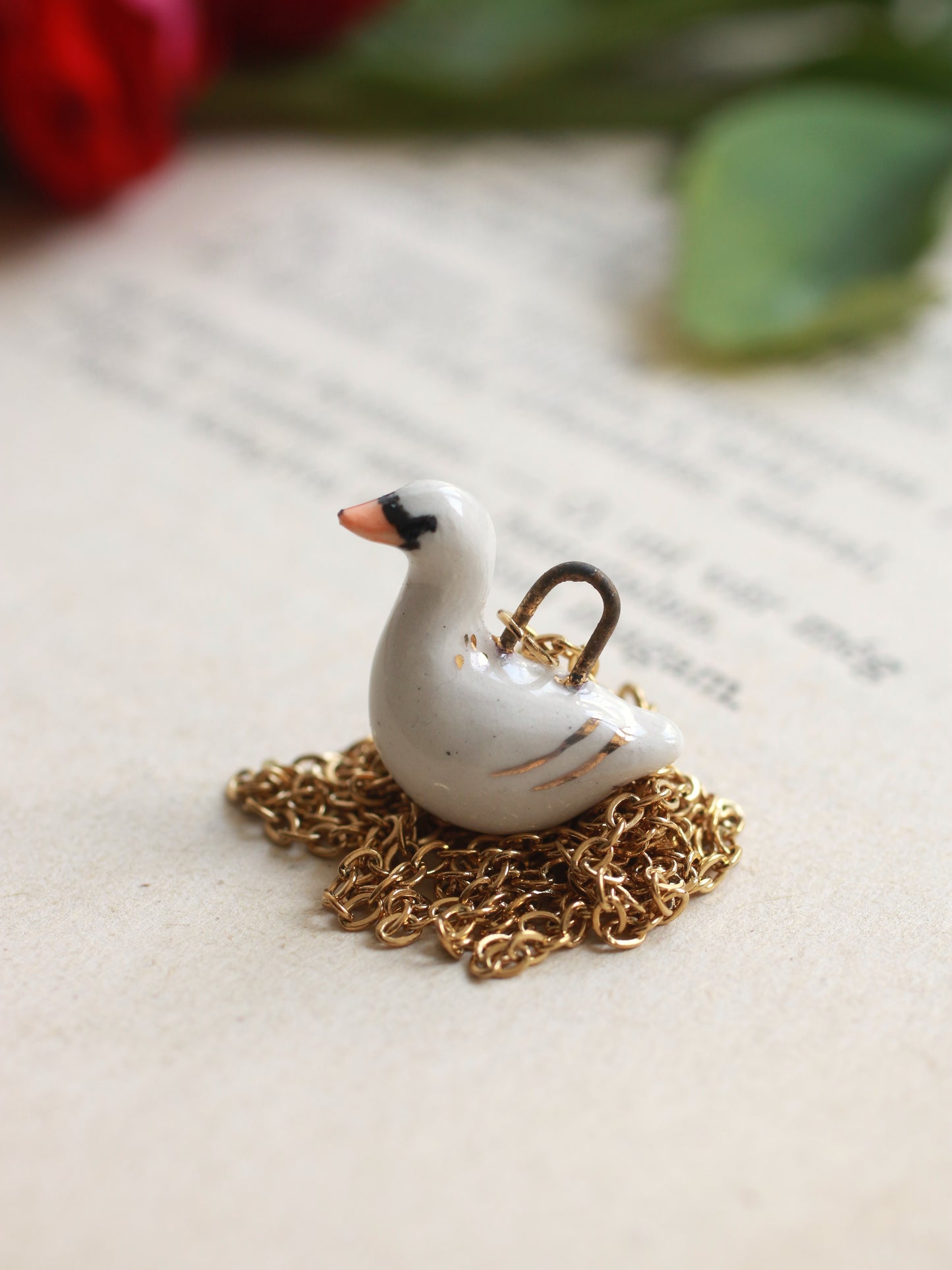 Ceramic Swan necklace - 22k gold details