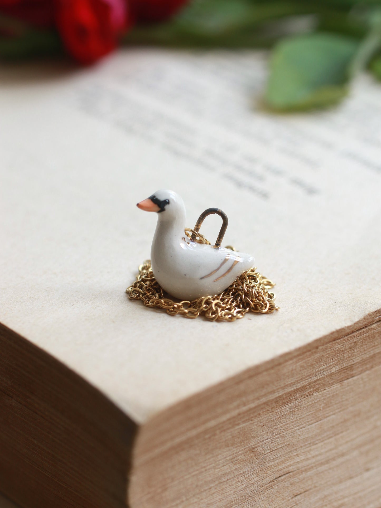 Ceramic Swan necklace - 22k gold details