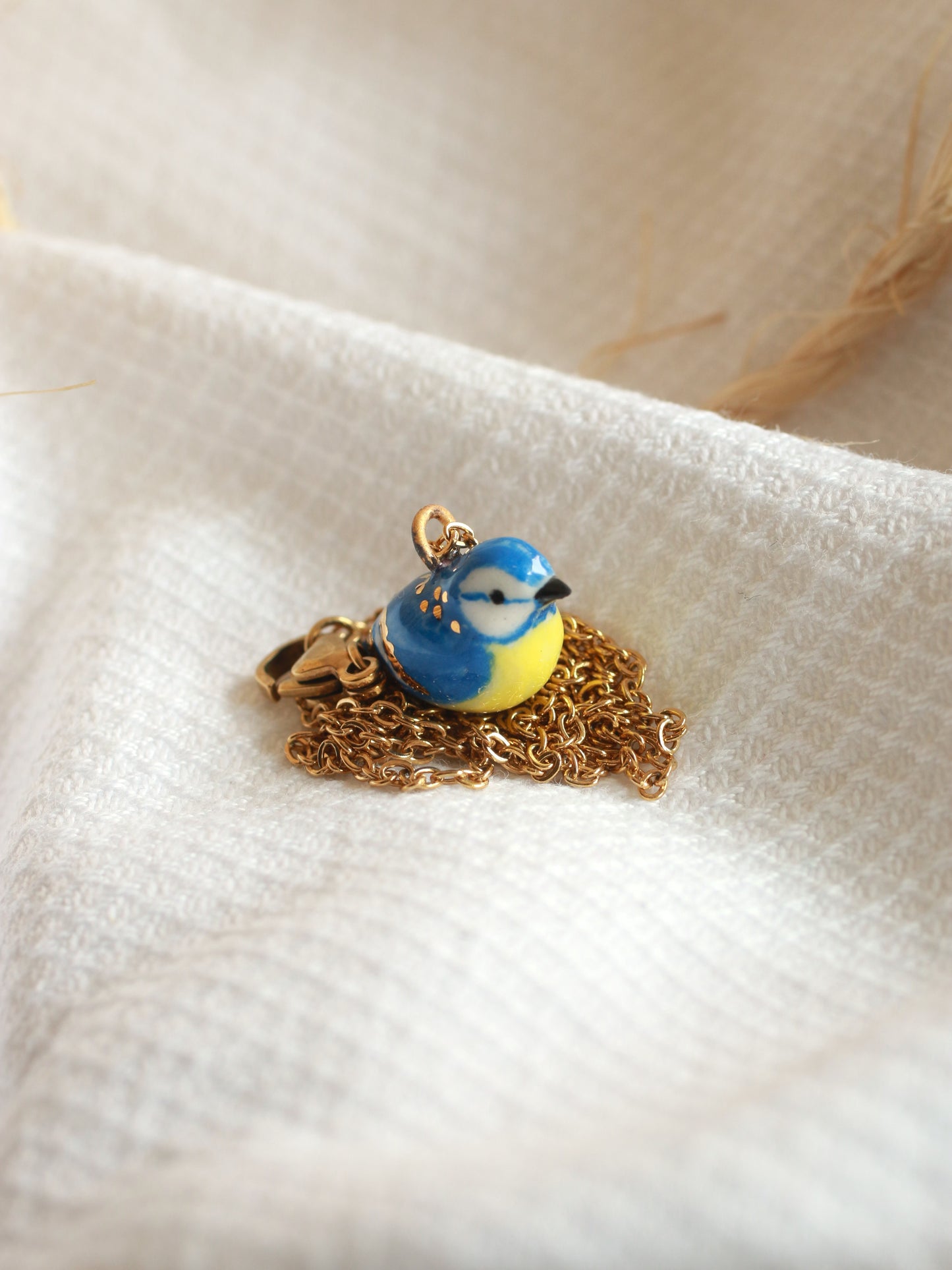 Blue tit necklace - 22k gold details