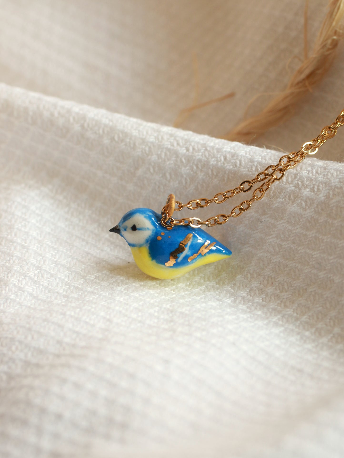 Blue tit necklace - 22k gold details