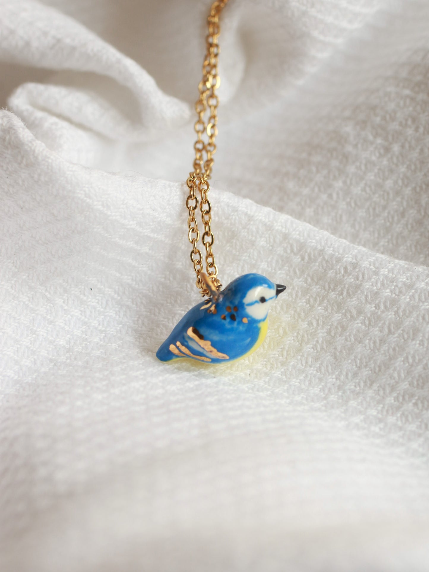 Blue tit necklace - 22k gold details