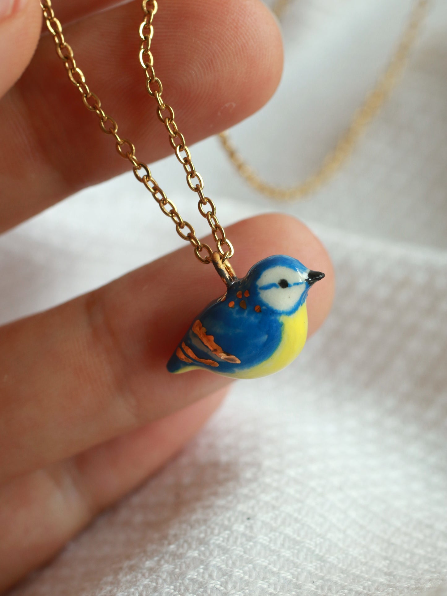 Blue tit necklace - 22k gold details