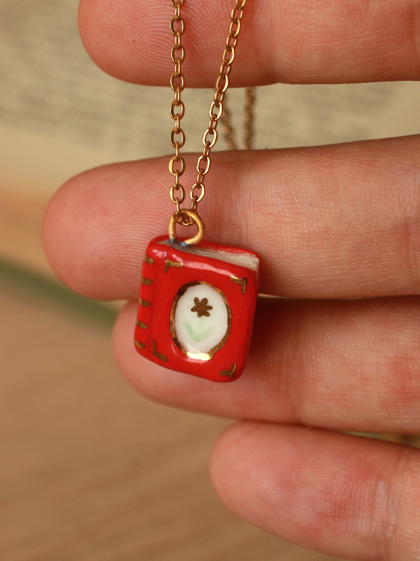 Red flower book necklace