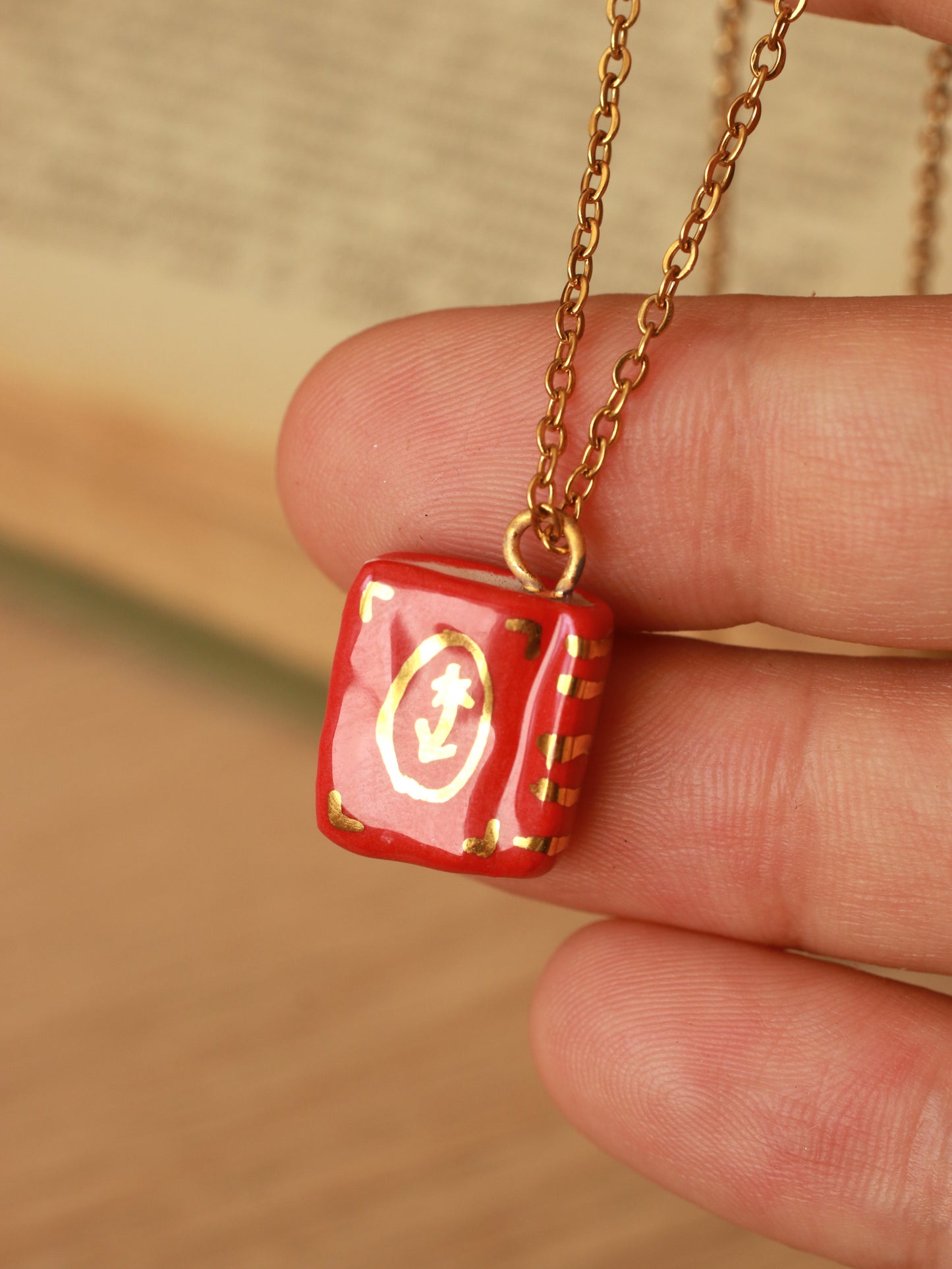 Red flower book necklace