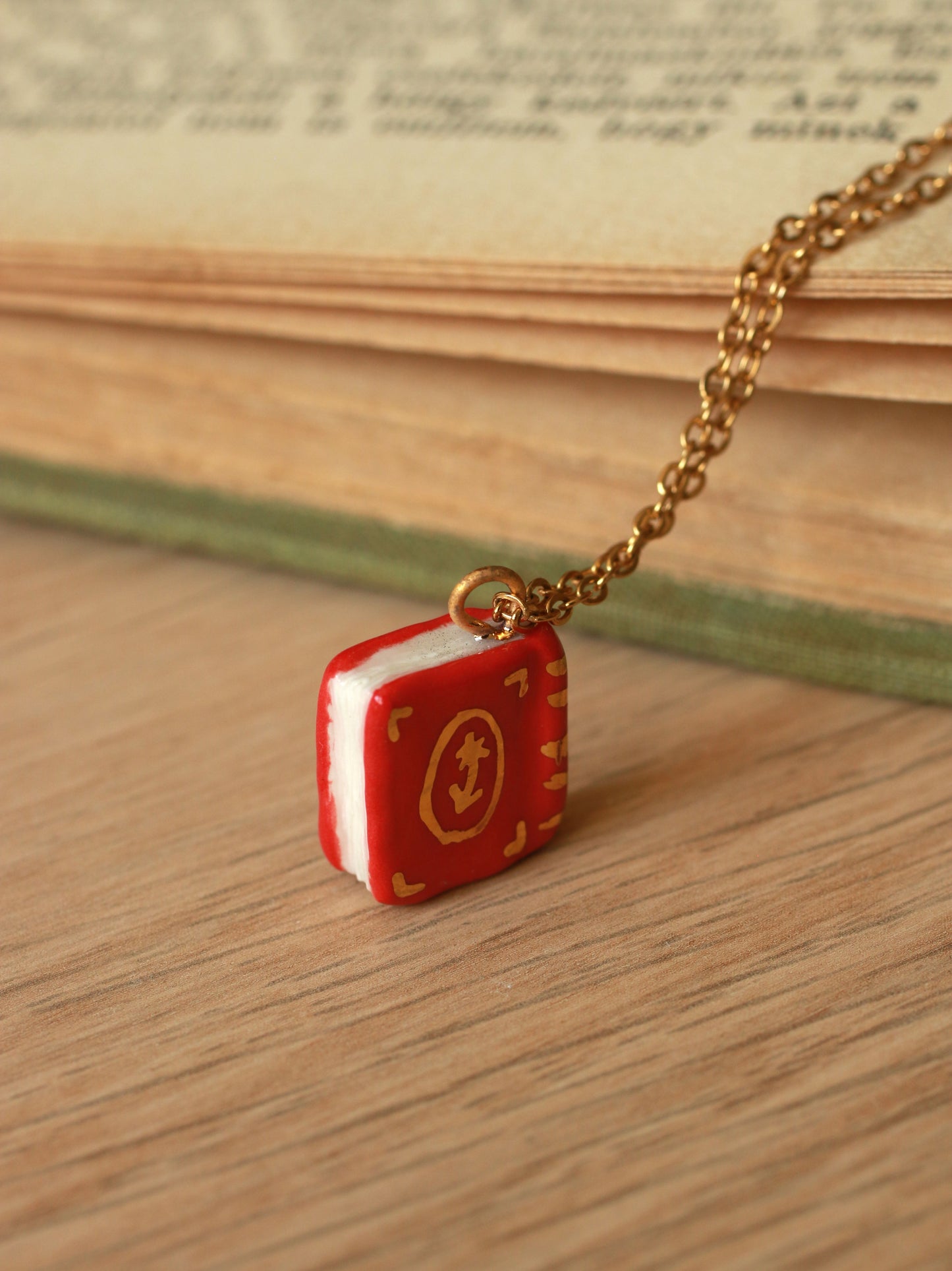 Red flower book necklace