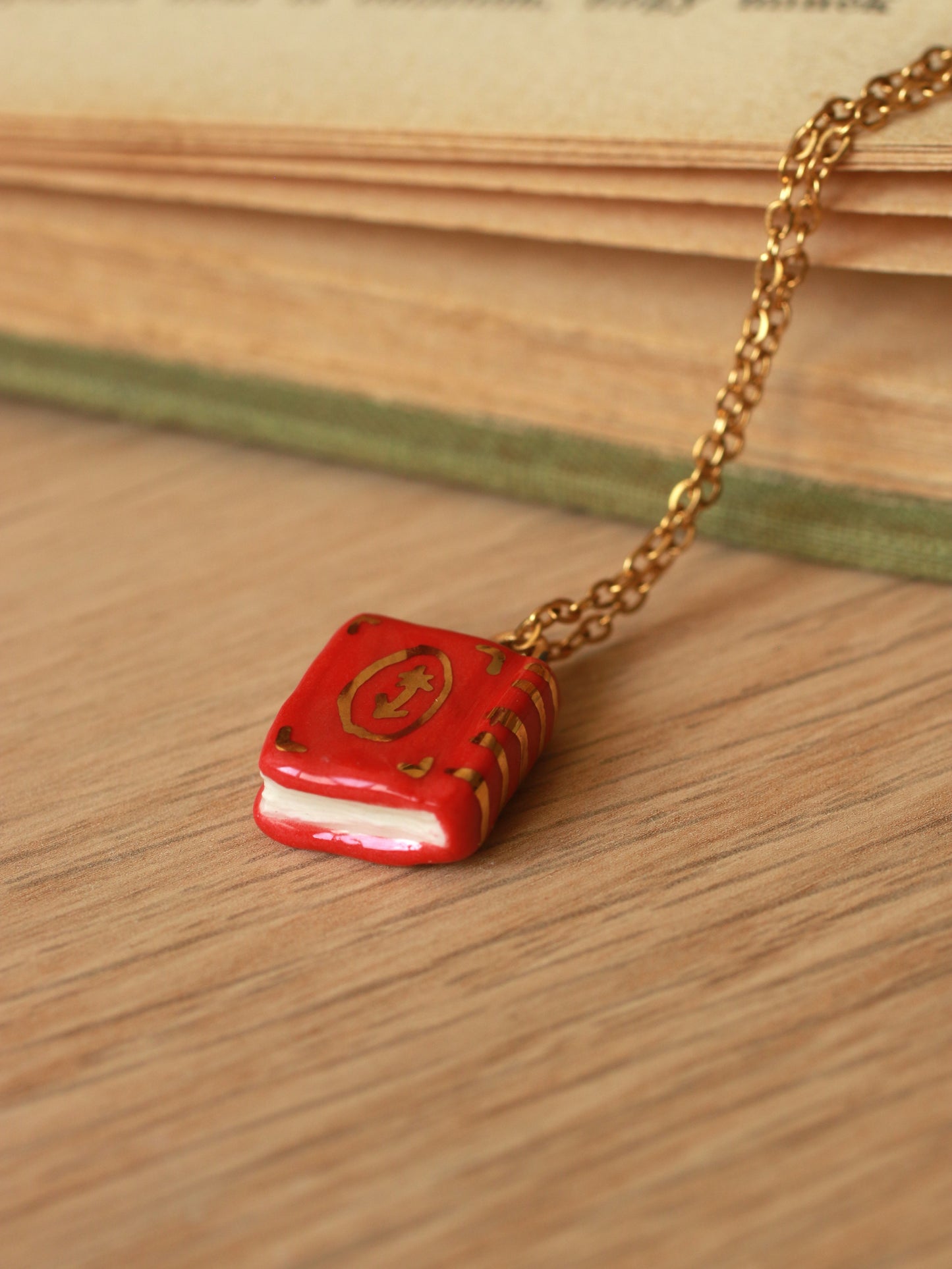 Red flower book necklace