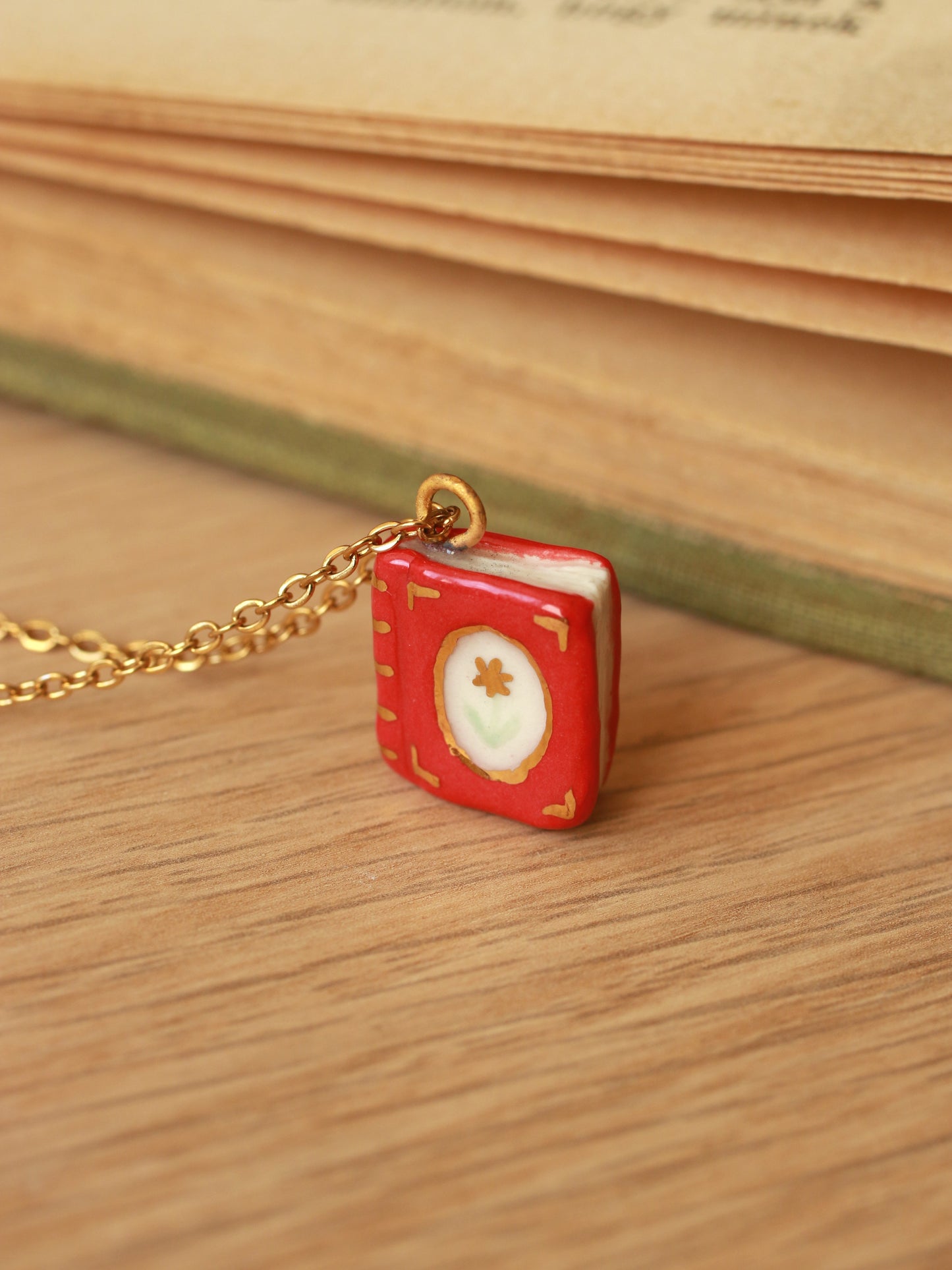 Red flower book necklace