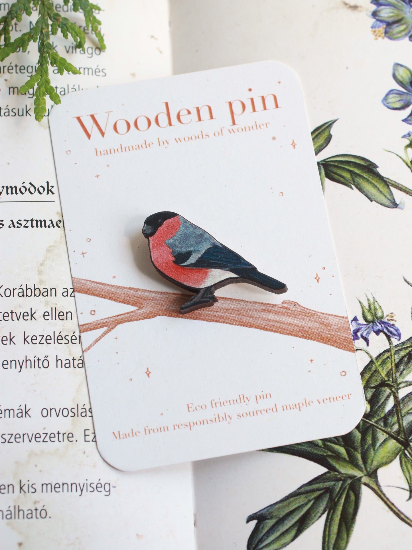 Bullfinch pin - wooden bird brooch