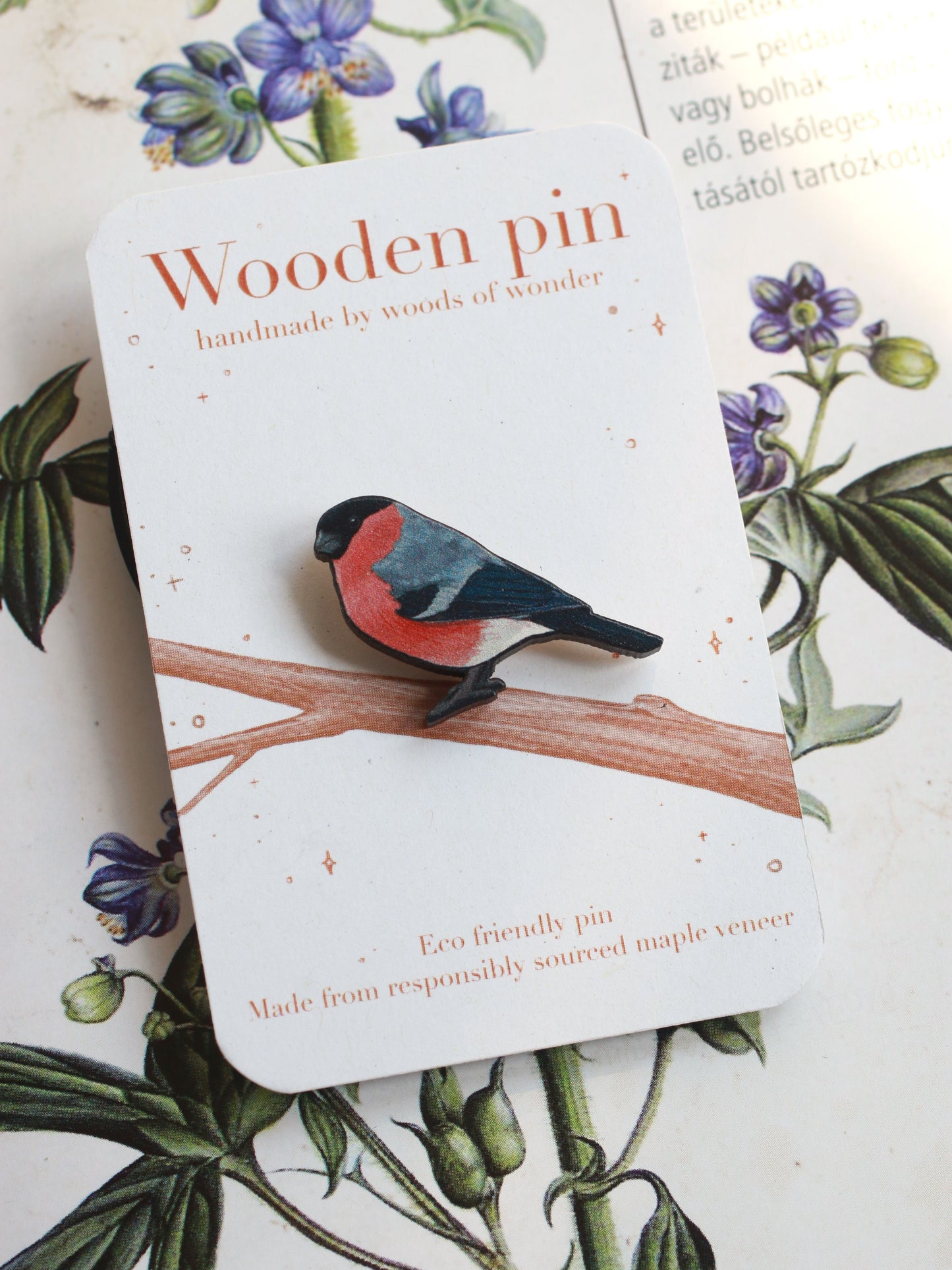 Bullfinch pin - wooden bird brooch