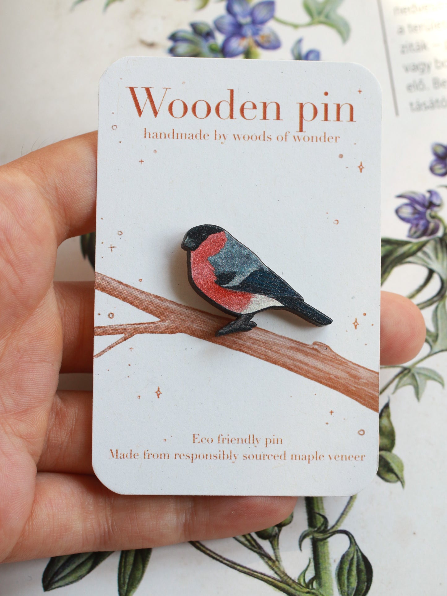 Bullfinch pin - wooden bird brooch