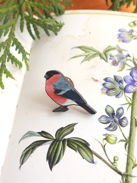 Bullfinch pin - wooden bird brooch