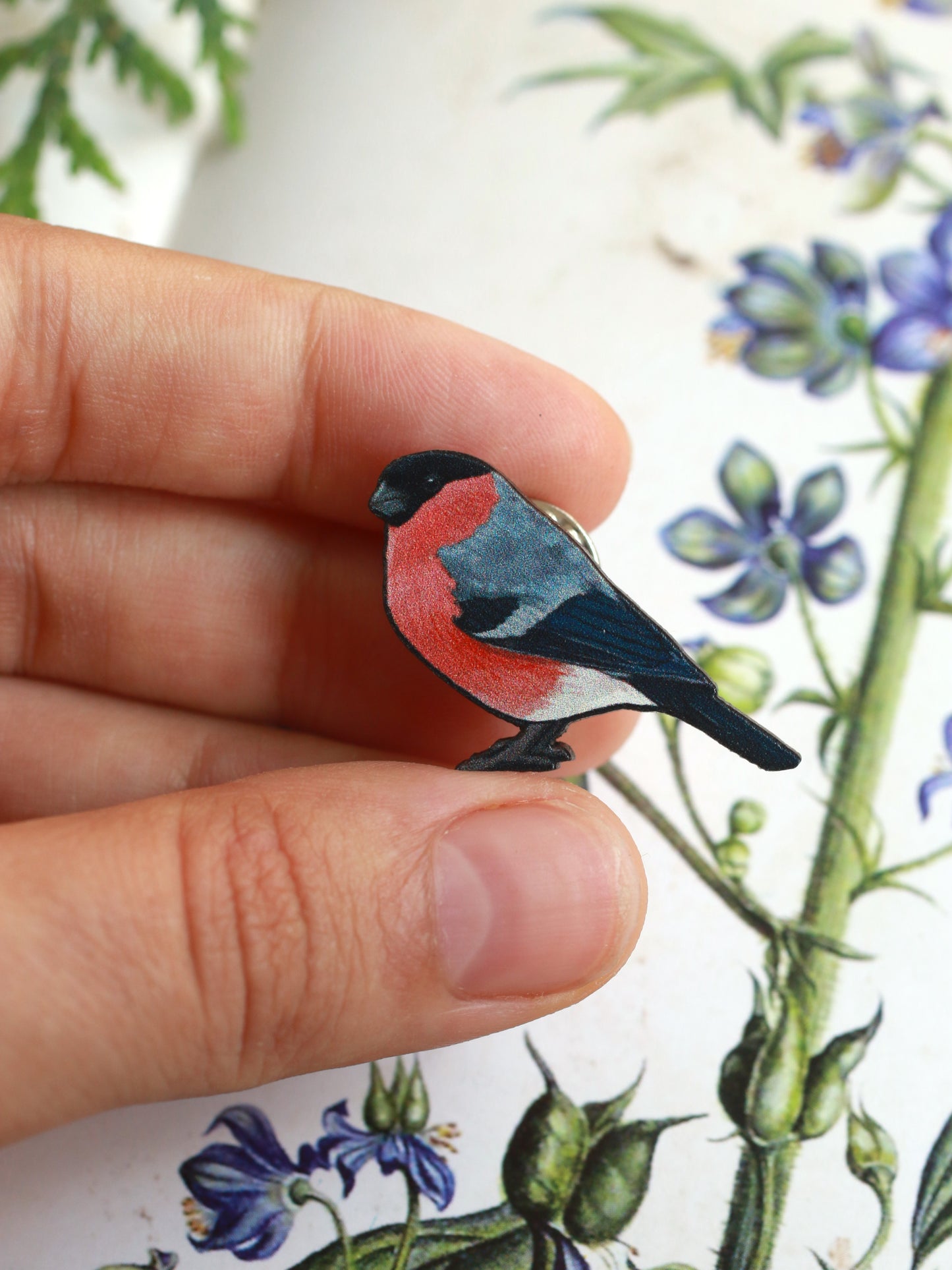 Bullfinch pin - wooden bird brooch