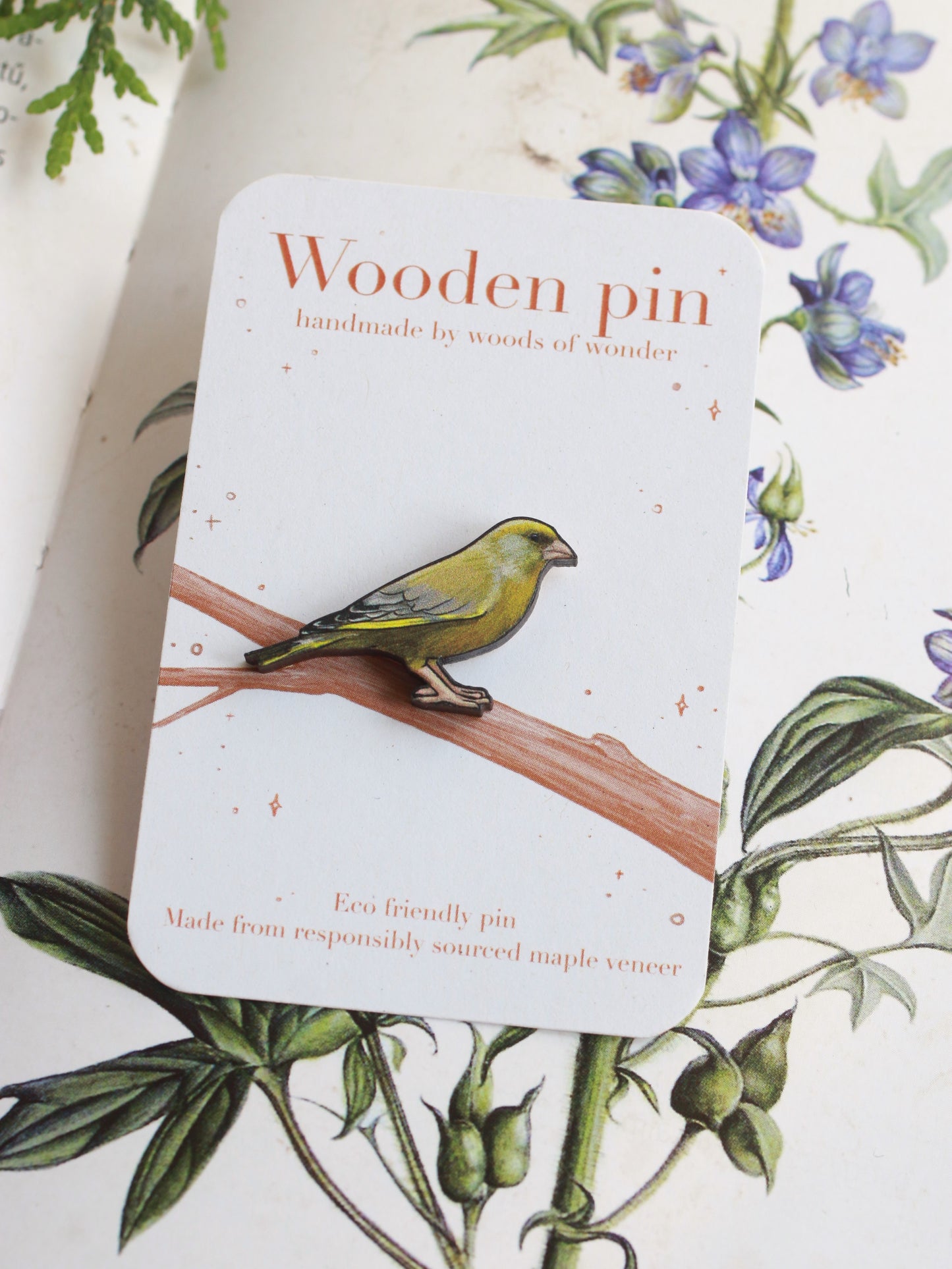 Greenfinch pin - wooden Greenfinch brooch